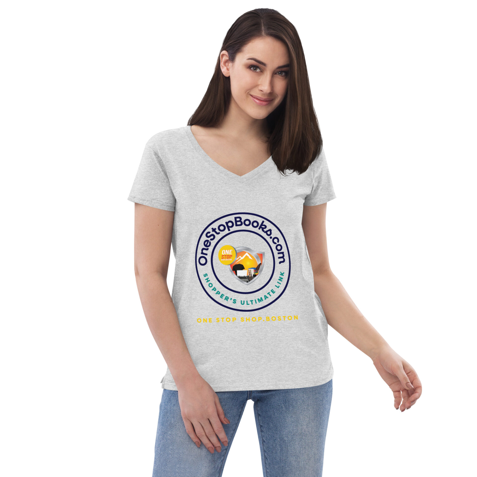 Woman wearing a grey t-shirt with a logo.