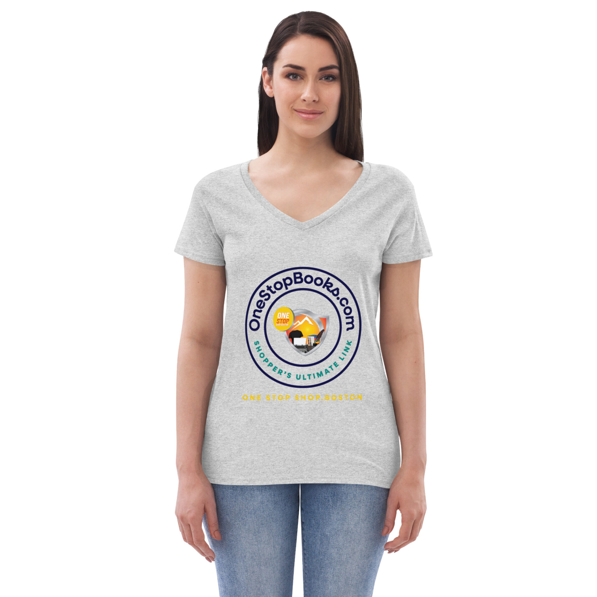 Woman wearing a grey t-shirt with a logo.