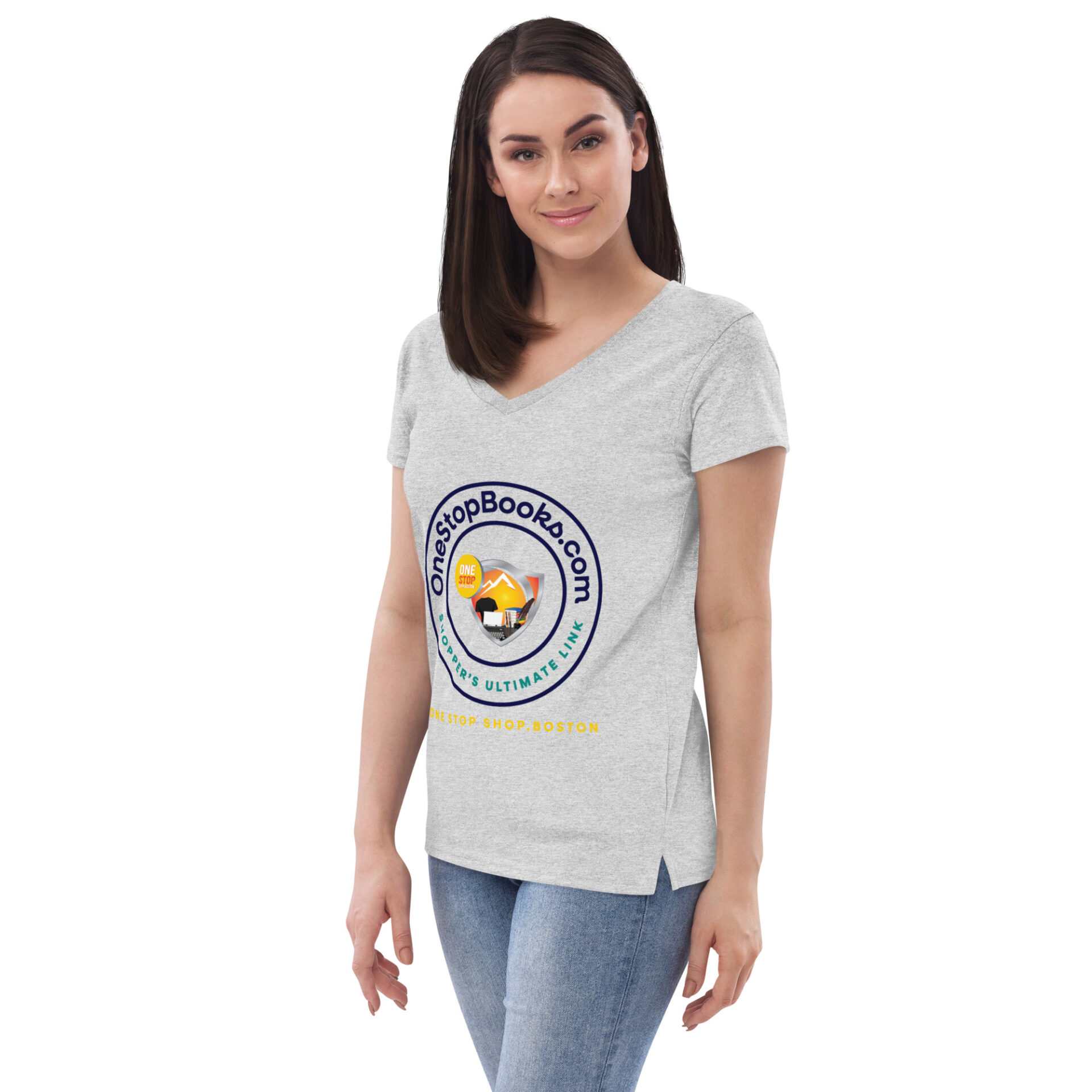 Woman wearing a gray t-shirt with a logo.