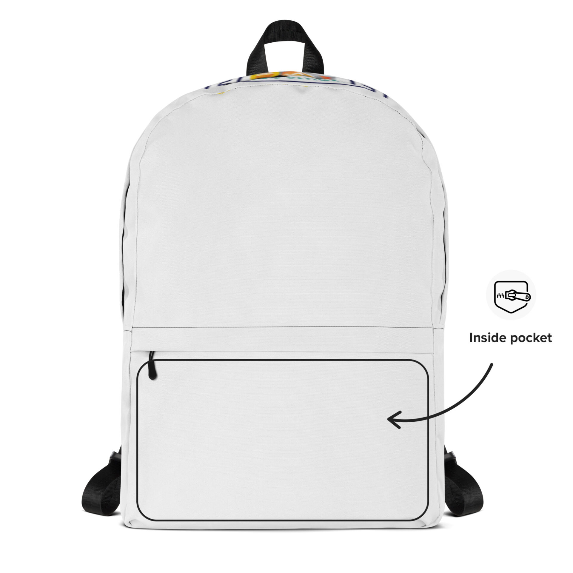White backpack with an inside pocket.