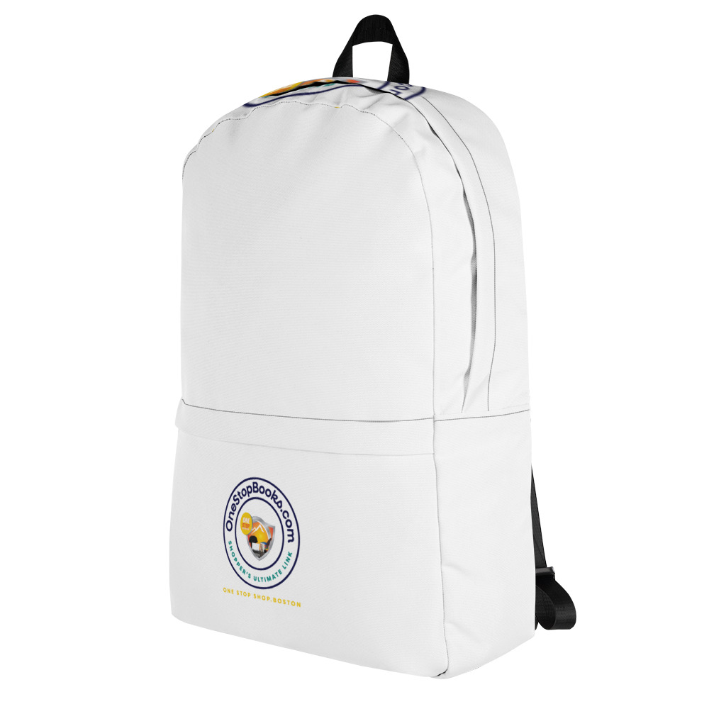 White backpack with OneStopBooks.com logo.