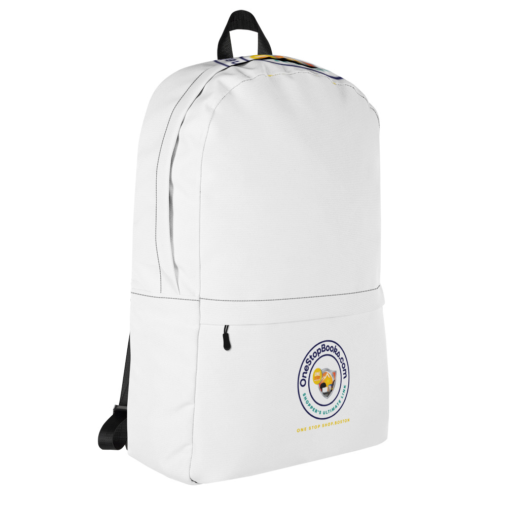 White backpack with OneStopBook.com logo.
