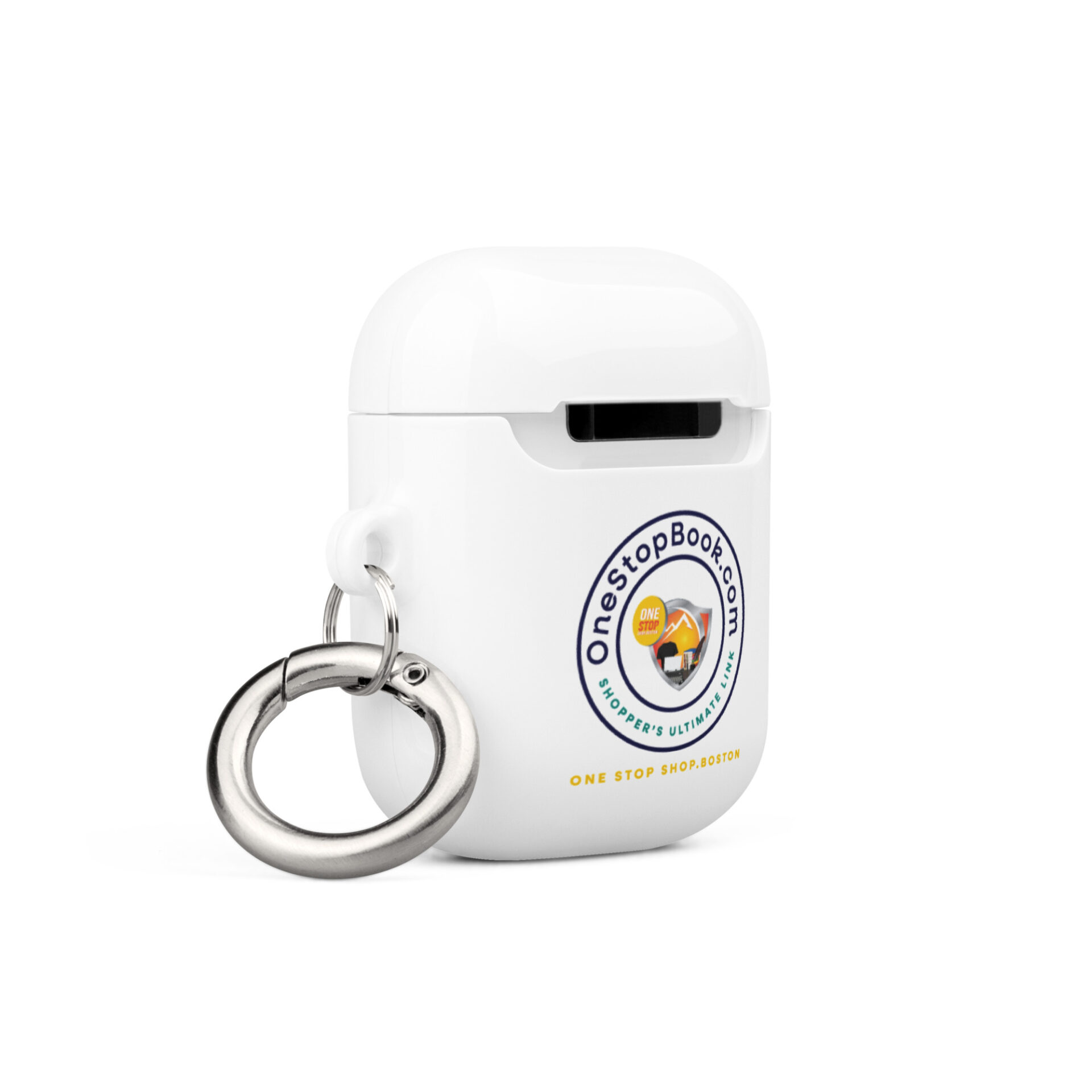 White AirPod case with keychain and logo.