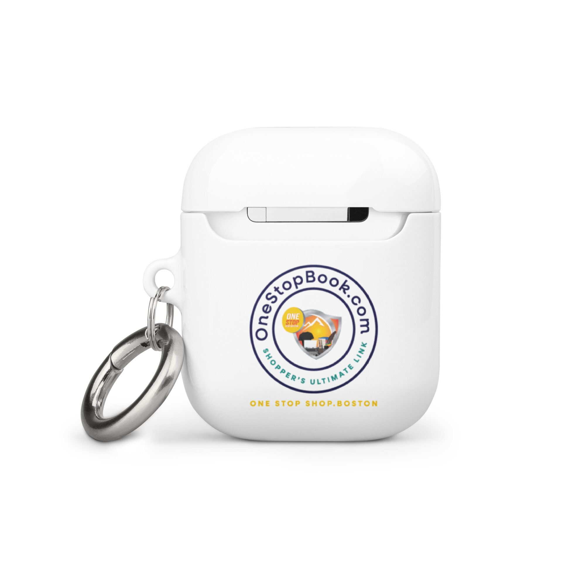 White Airpods case with One Stop Book.com logo.
