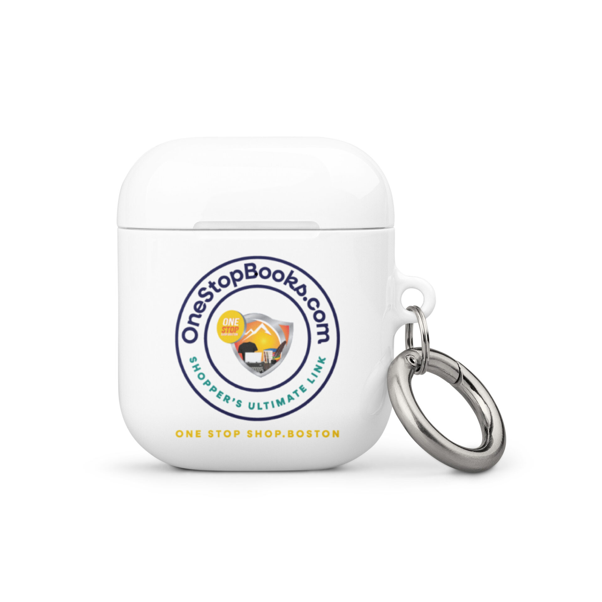 White Airpod case with OneStopBooks.com logo.