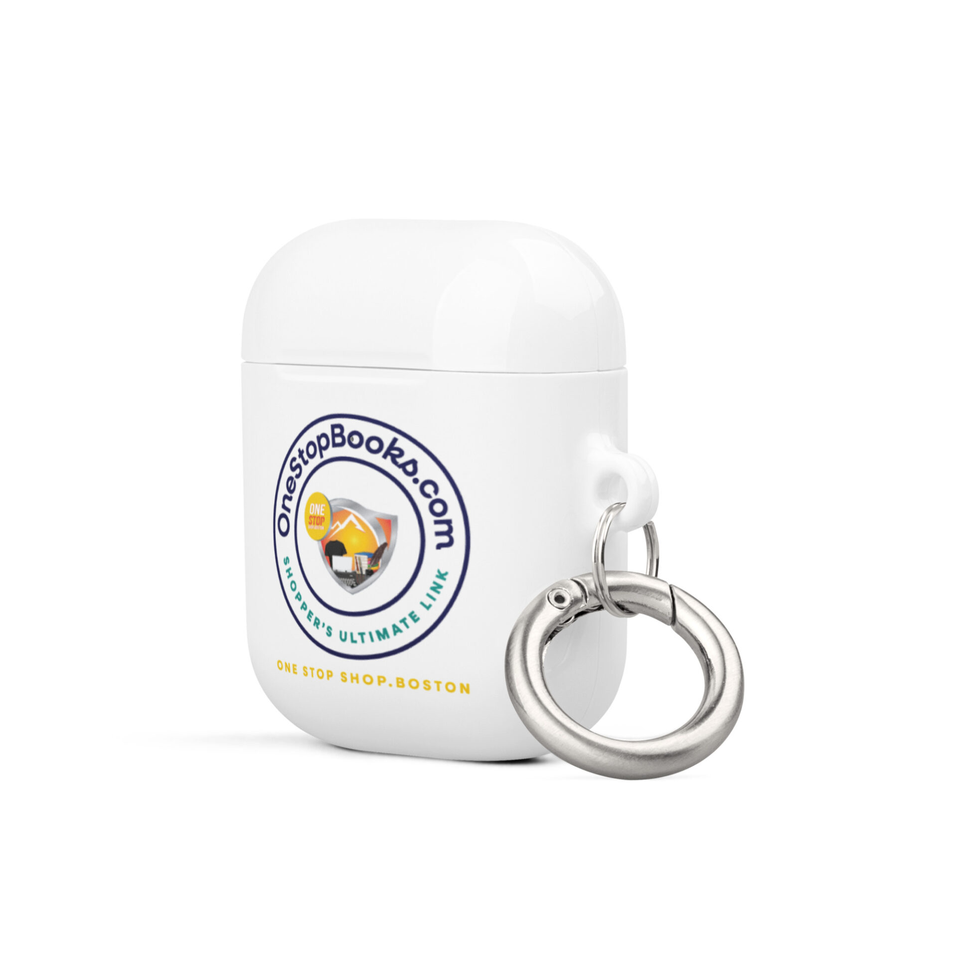 White Airpods case with OneStopBooks.com logo.