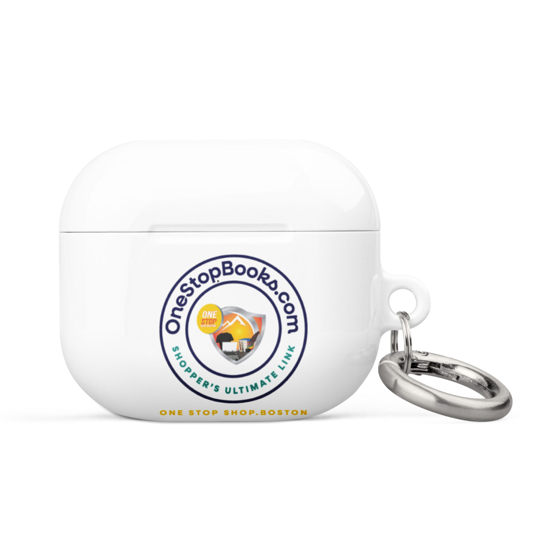 White Airpods case with keychain and logo.