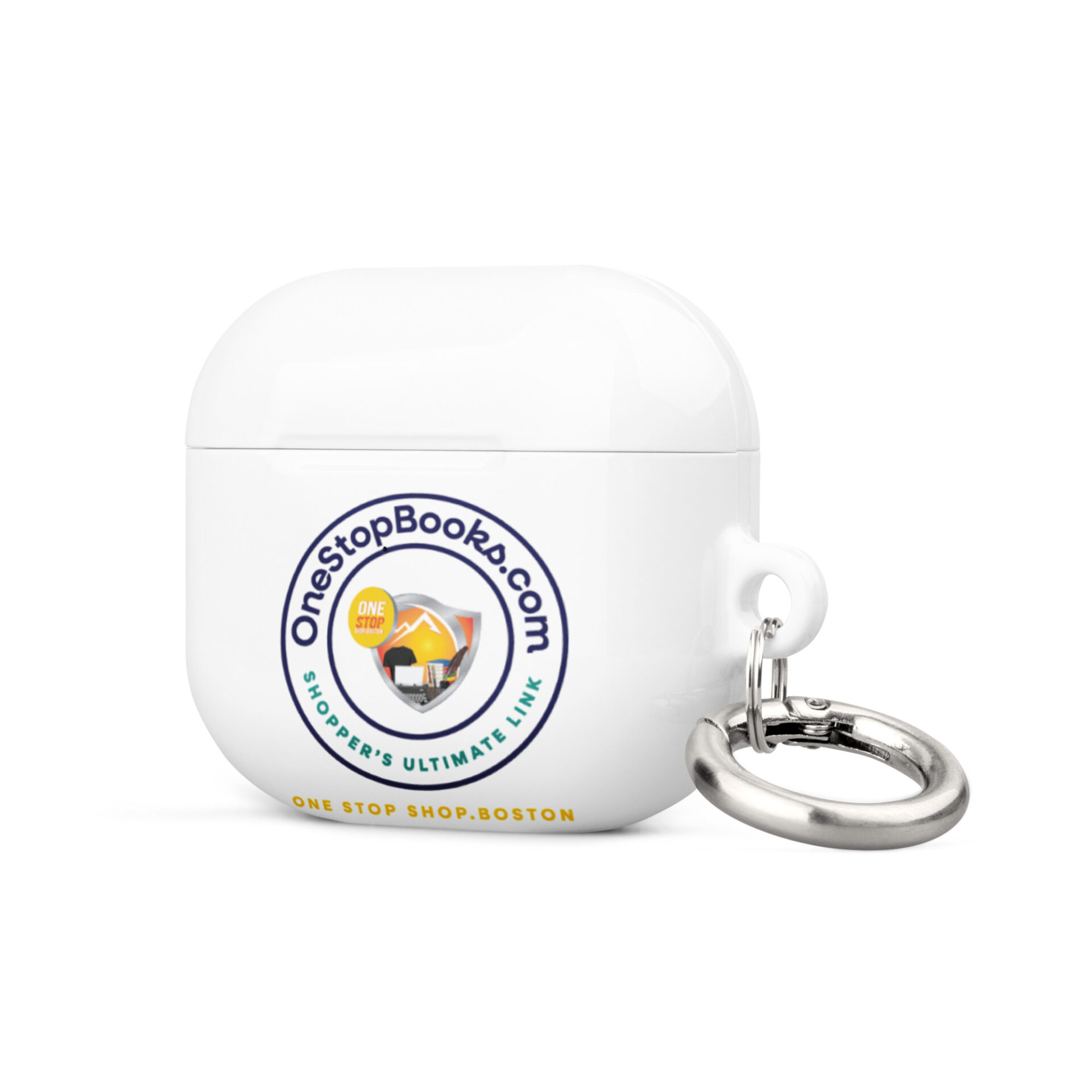 White Airpods case with OneStopBooks.com logo.