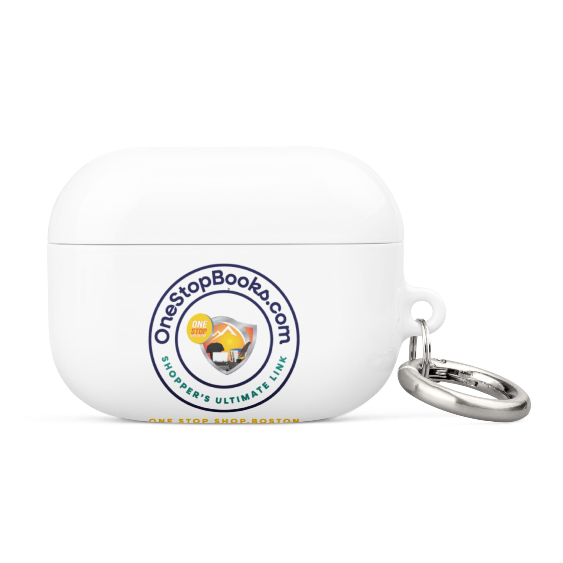 White Airpod case with keychain and logo.
