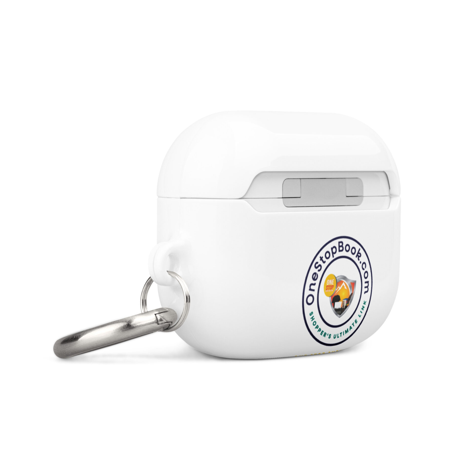 White Airpod case with keychain and logo.