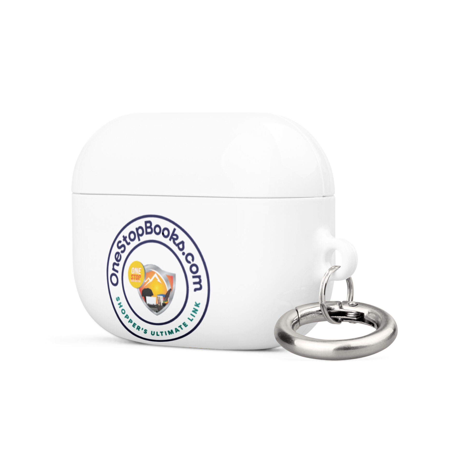 White Airpod case with OneStopBooks.com logo.