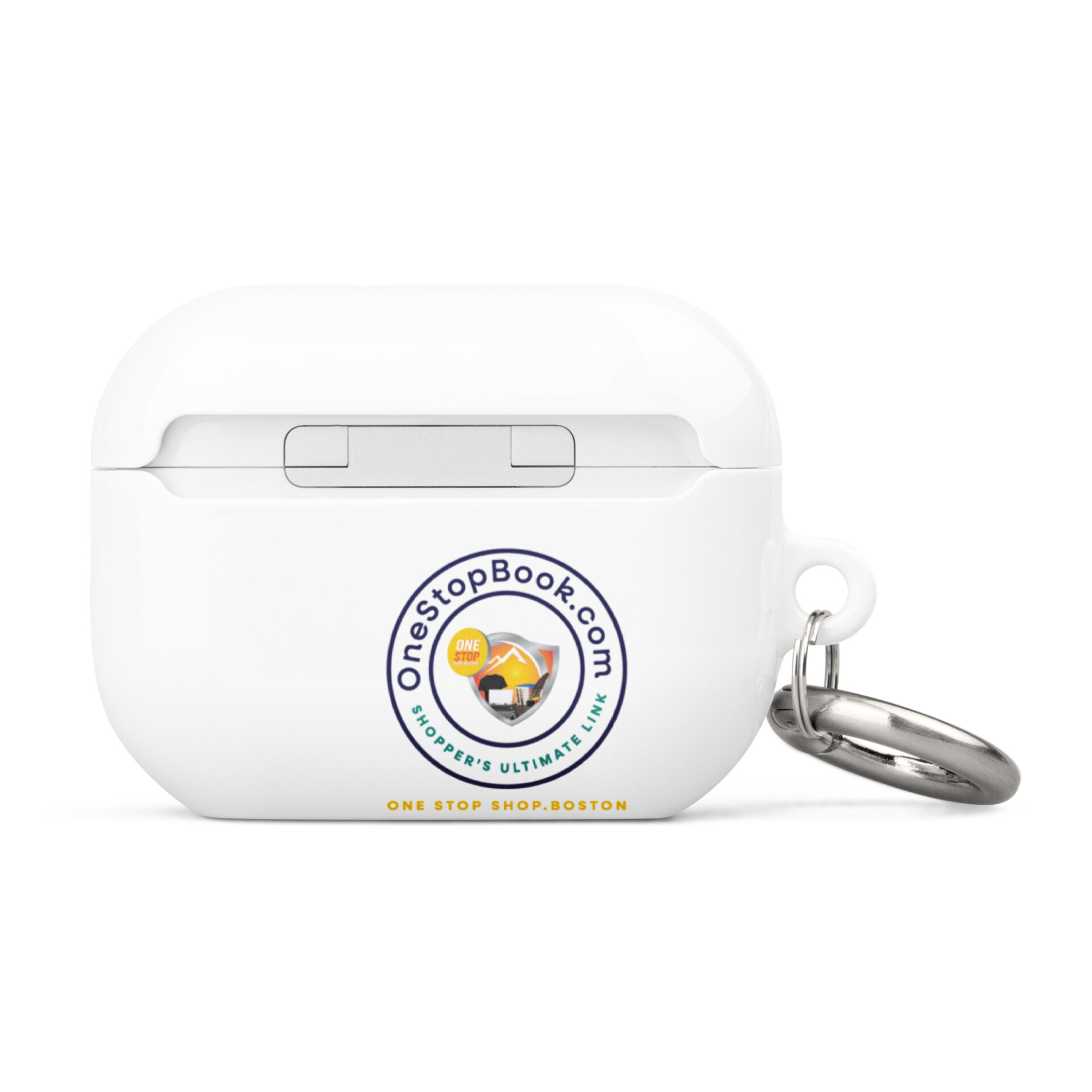 White Airpod case with keychain and logo.