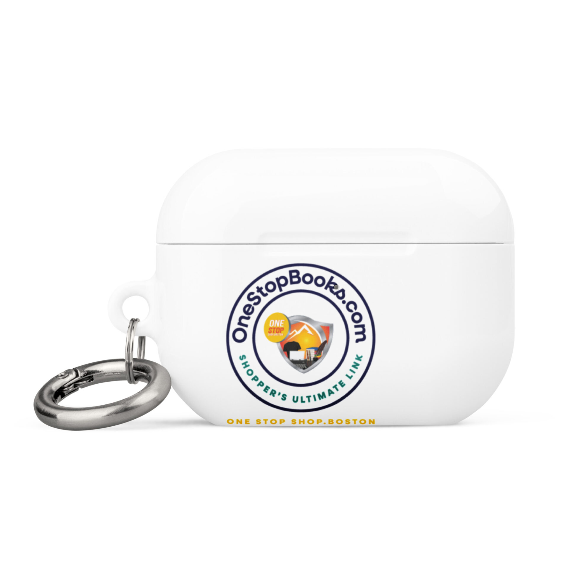 White Airpod case with OneStopBooks.com logo.