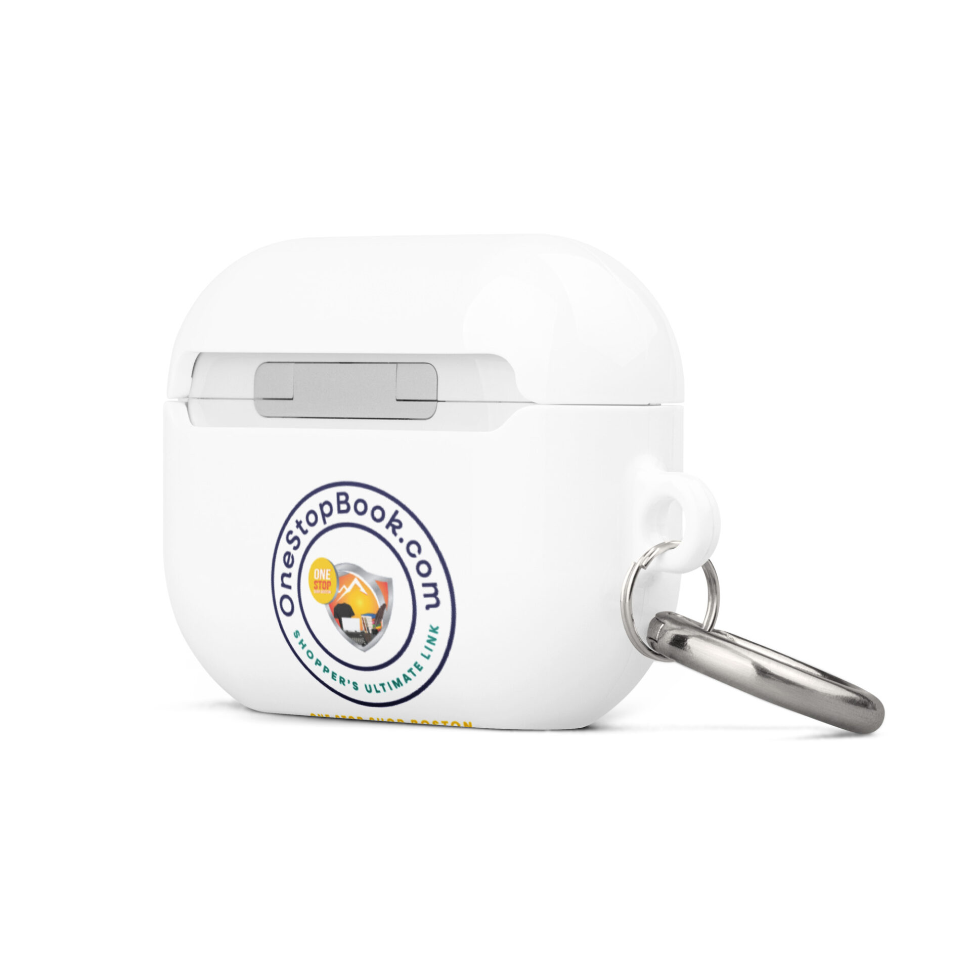 White Airpod case with OneStopBook.com logo.