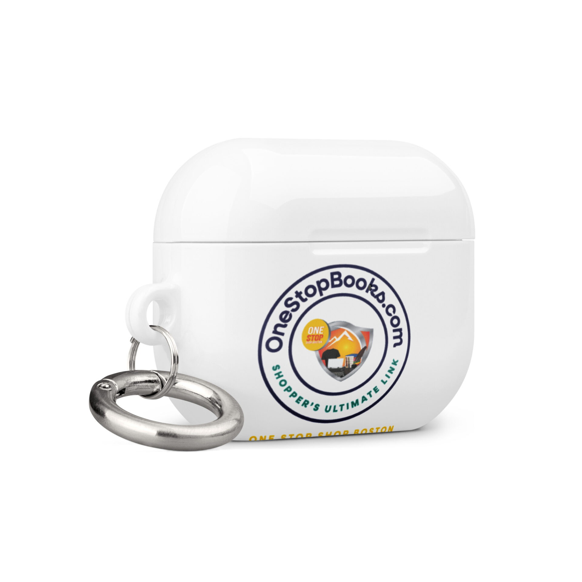 White AirPod case with keychain and logo.
