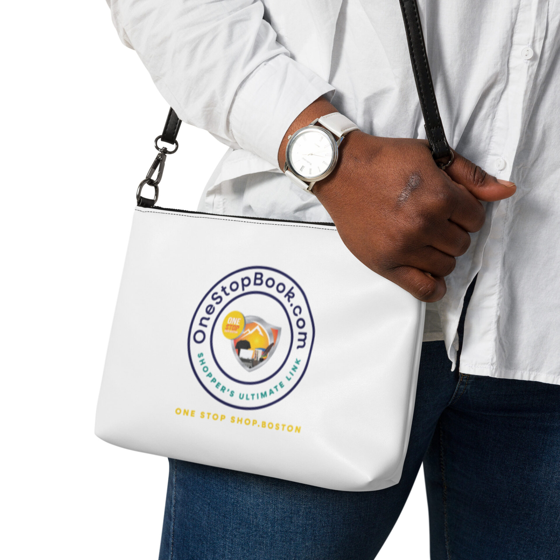 Person wearing a white bag with a logo.