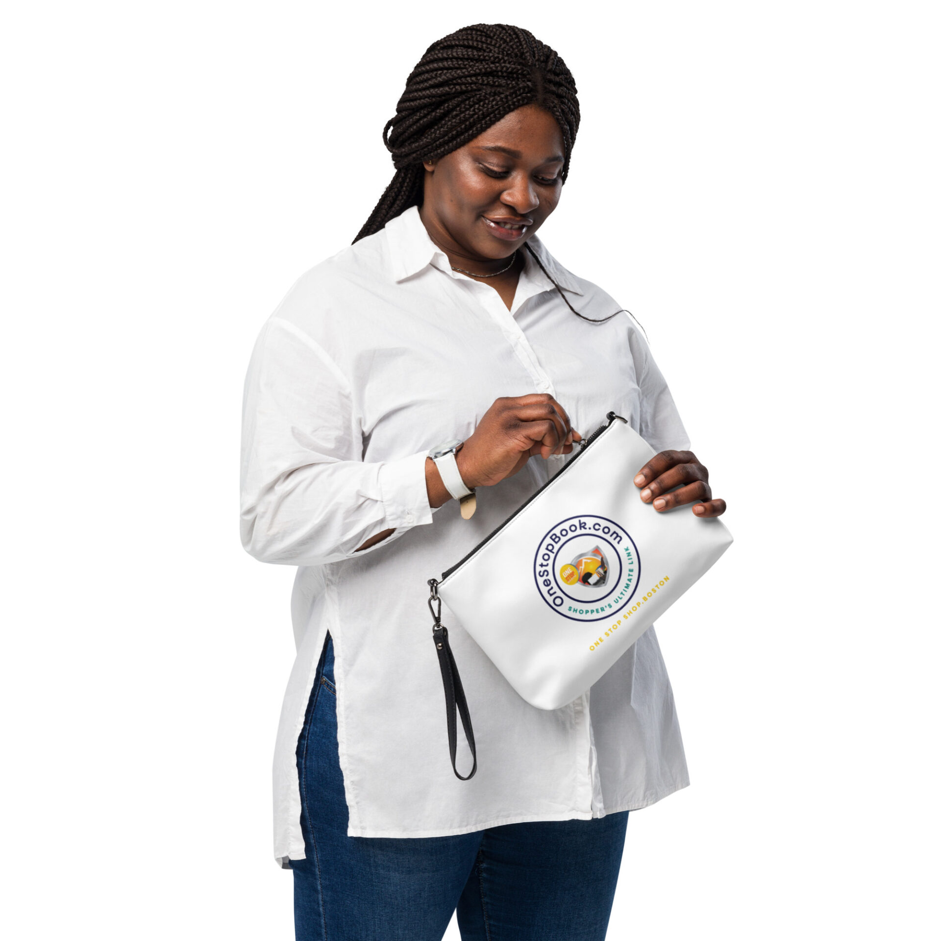 Woman holding a One Stop Book bag.
