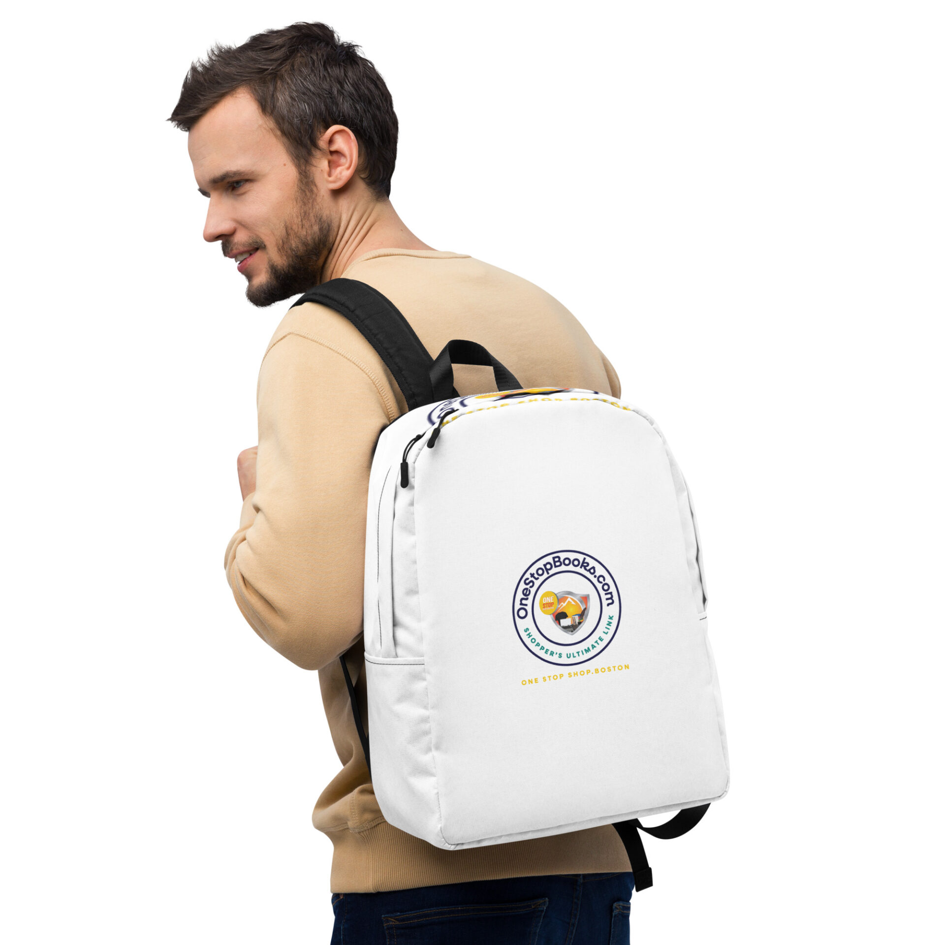 Man wearing a One Stop Books backpack.
