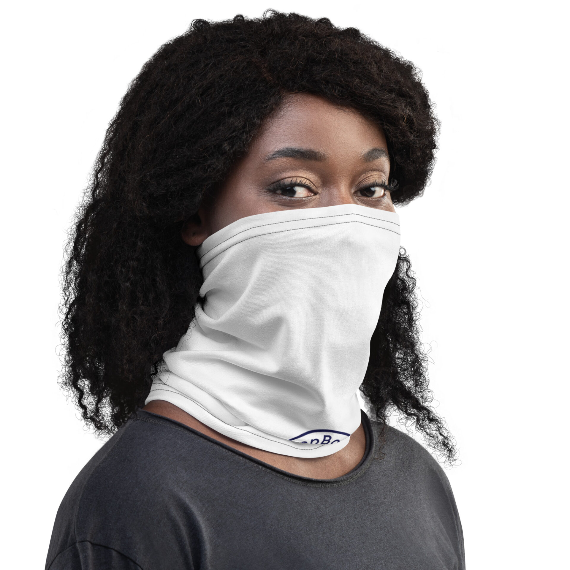 Woman wearing a white face mask.