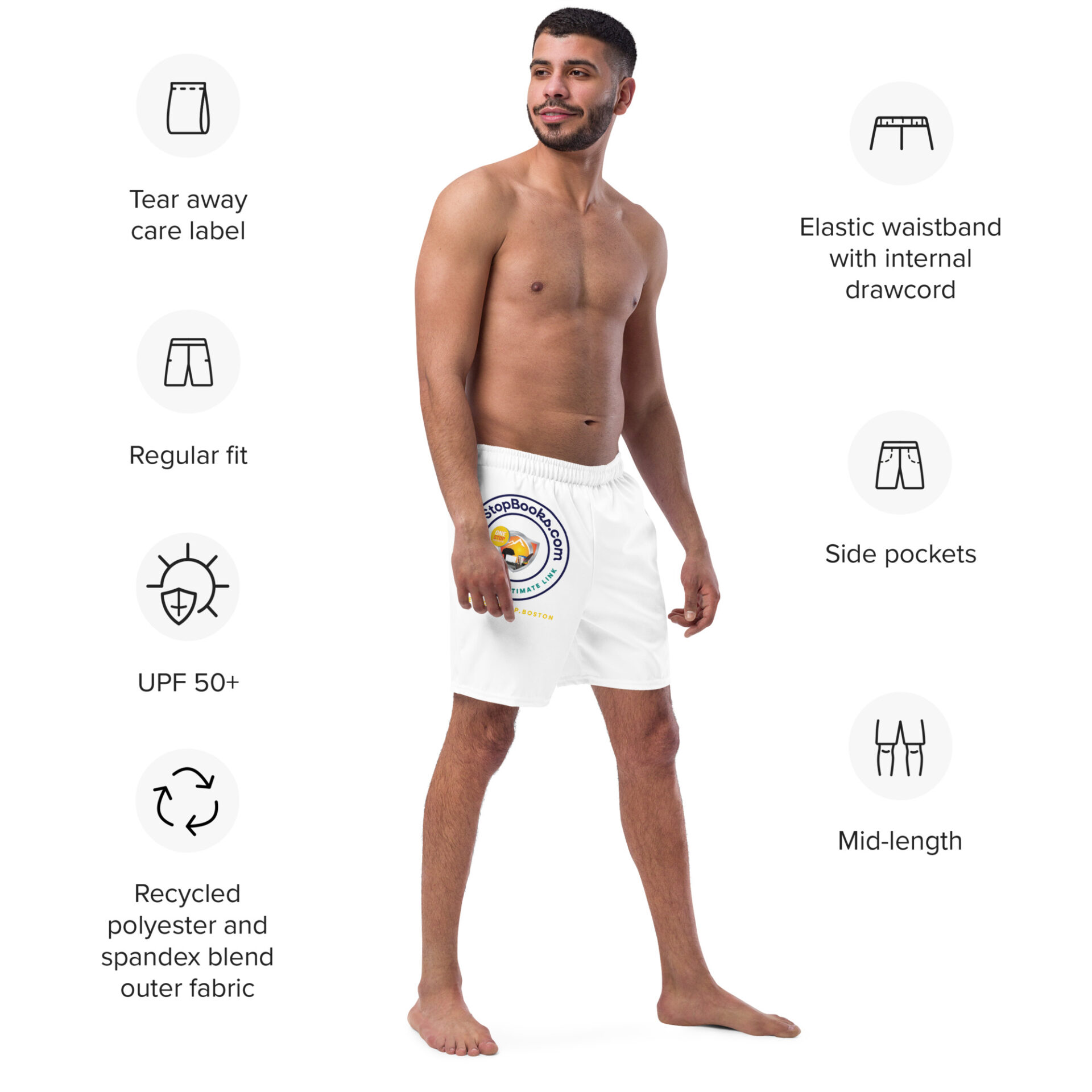 Man wearing white mid-length shorts with logo.