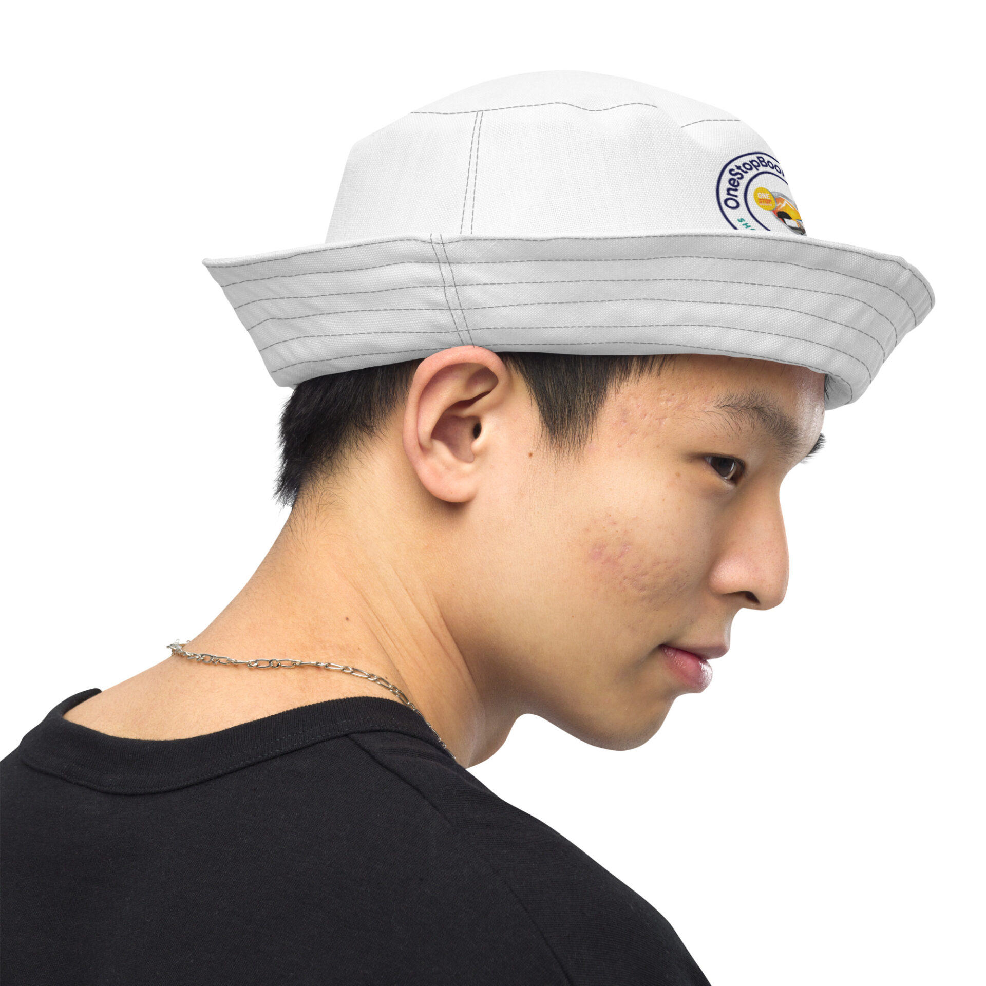 Man wearing a white bucket hat.