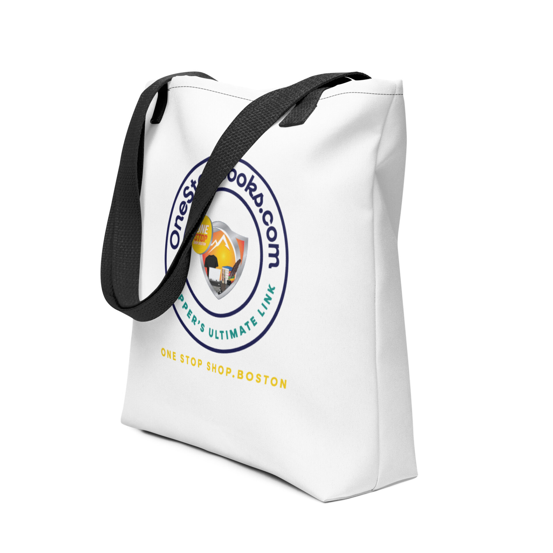 A white bag with a yellow and black handle