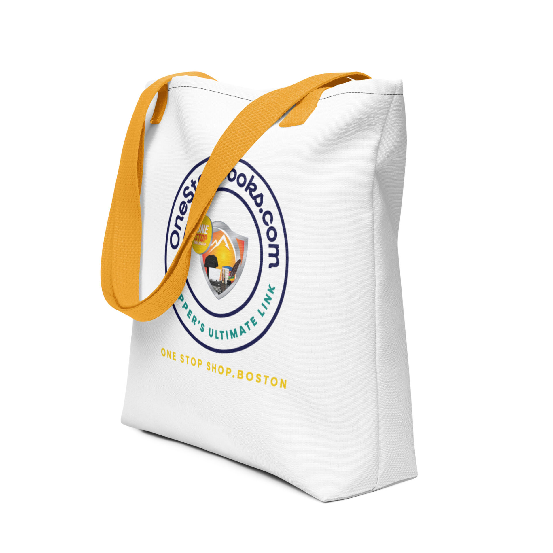 White tote bag with yellow straps and logo.