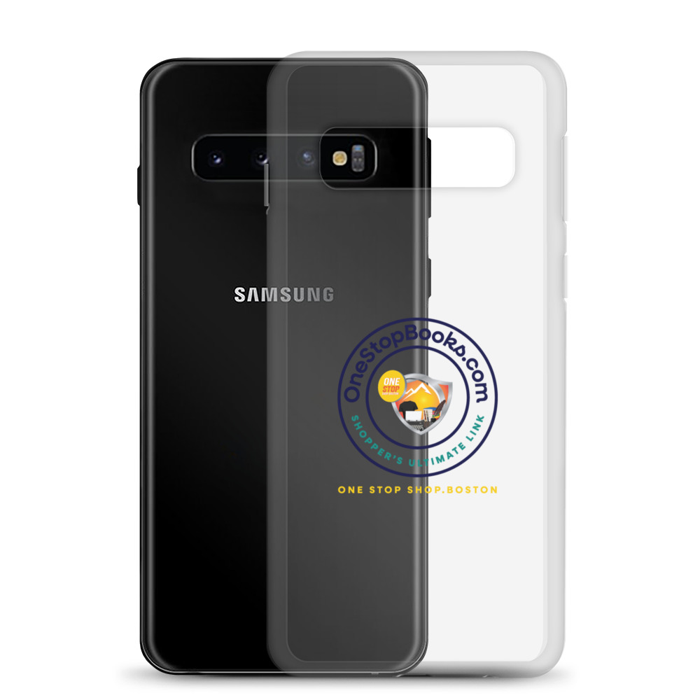 Samsung phone case with One Stop Shop Boston logo.