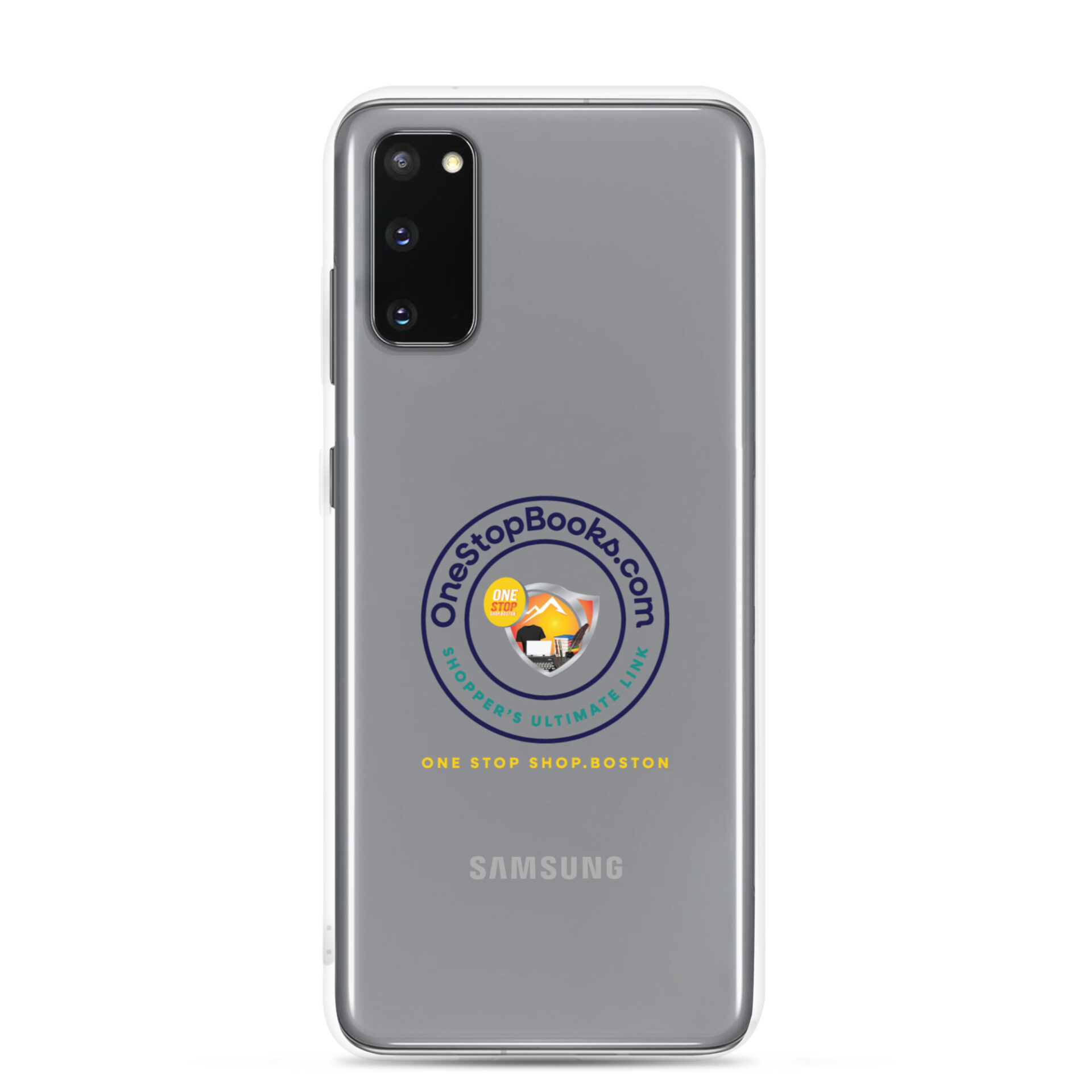 Samsung phone case with One Stop Books logo.