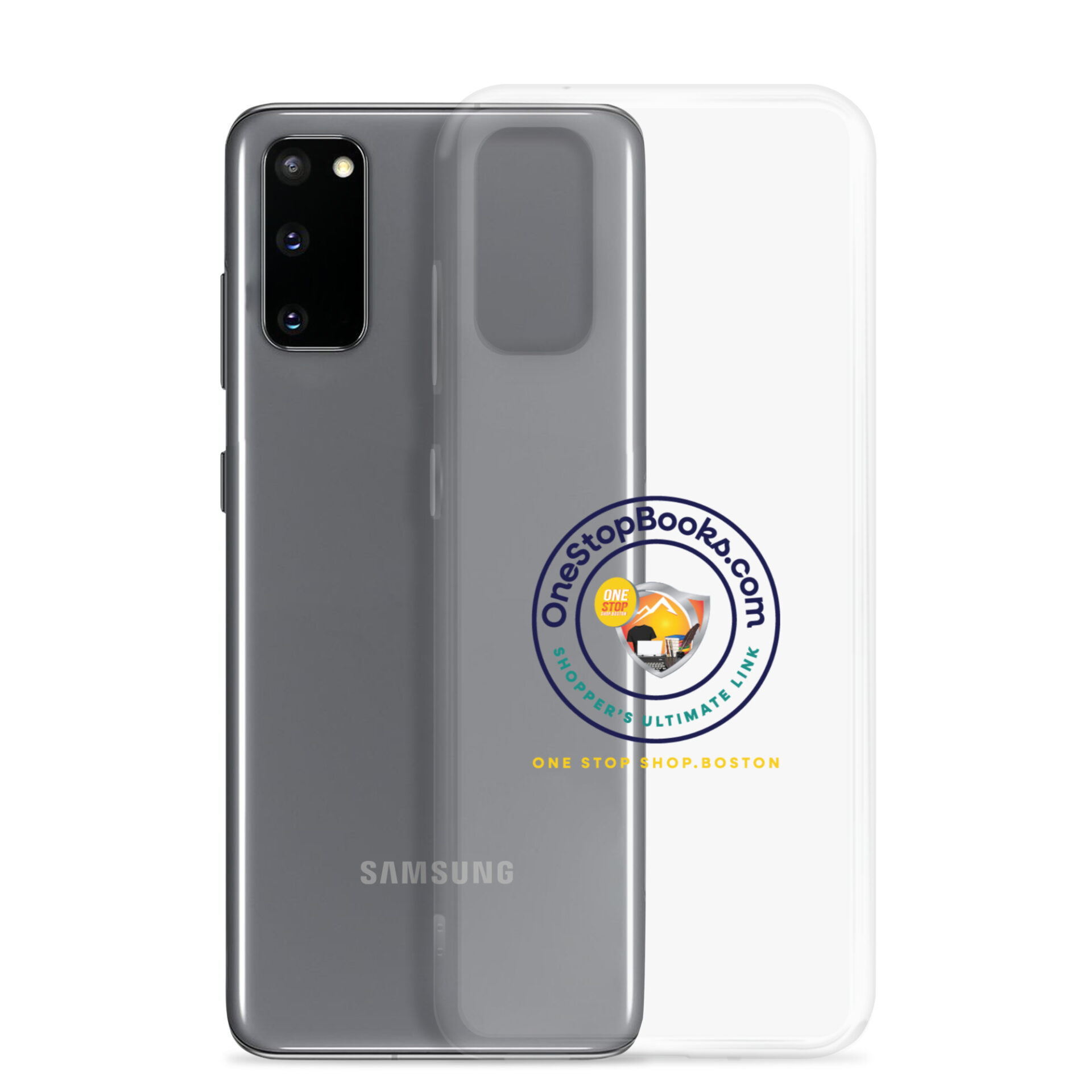 Gray Samsung phone case with logo.