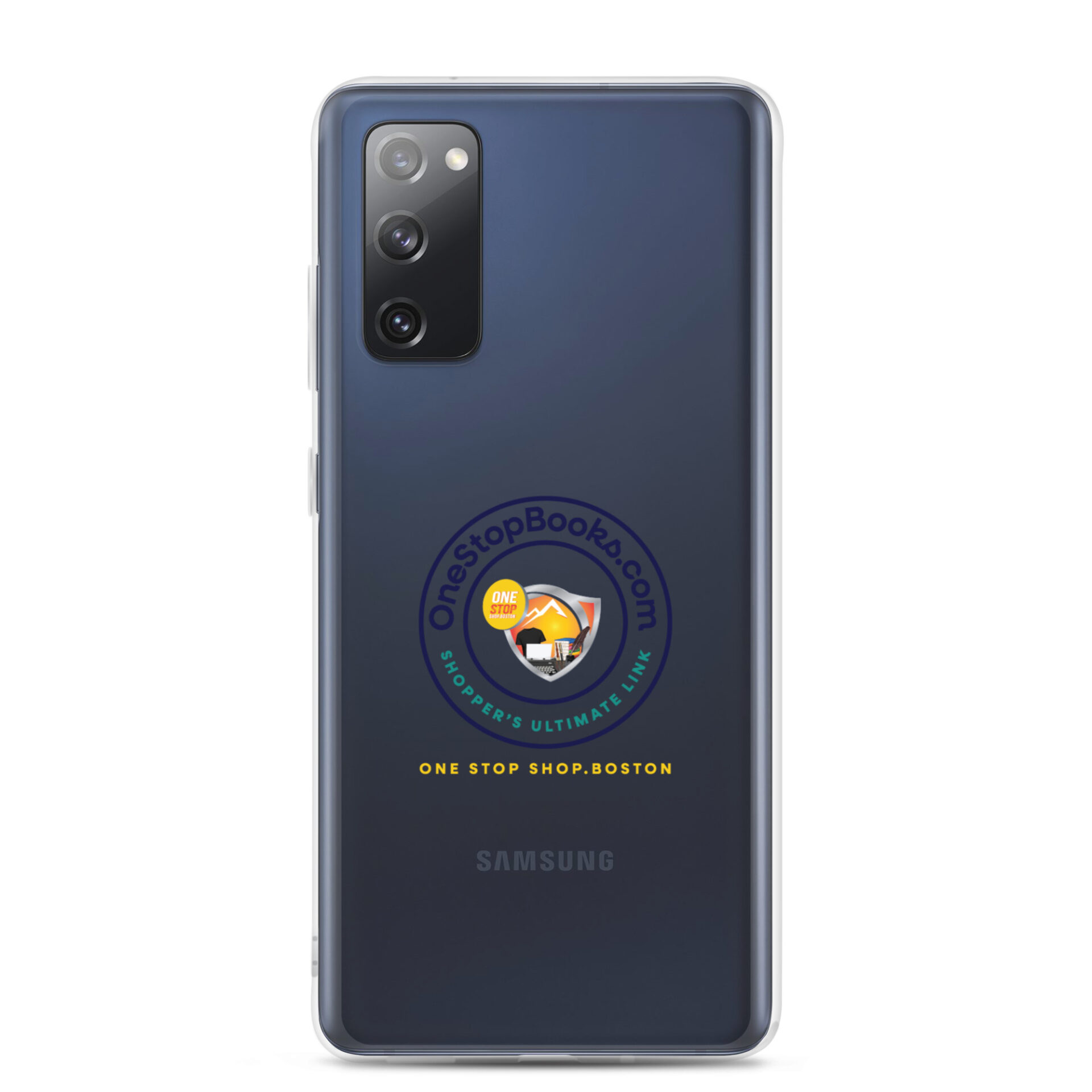 Samsung phone case with One Stop Books logo.