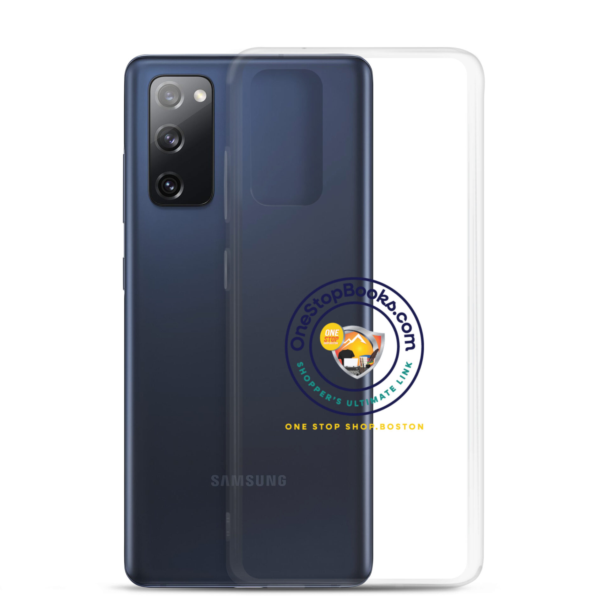 Samsung phone with clear case and logo.