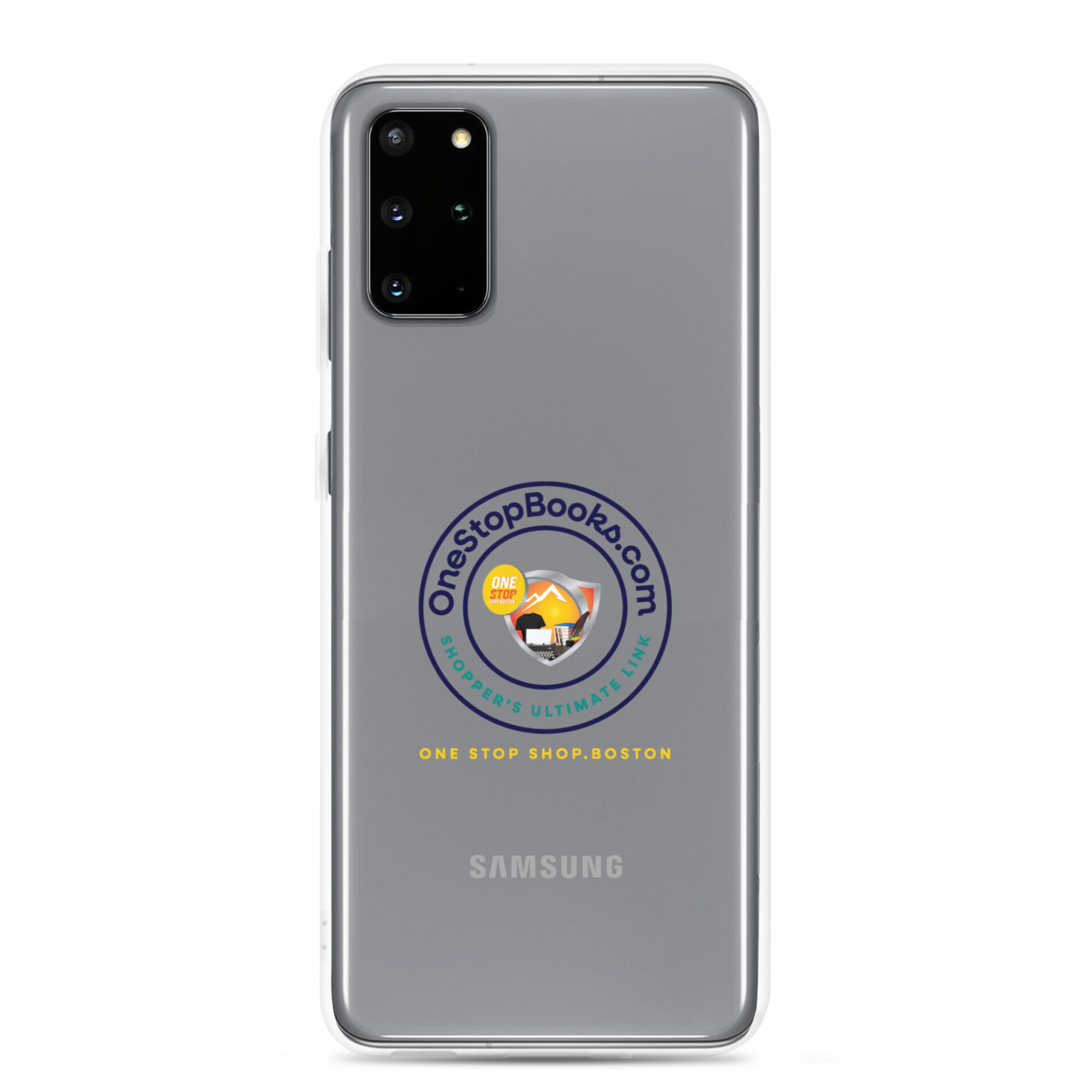 Samsung phone case with One Stop Books logo.