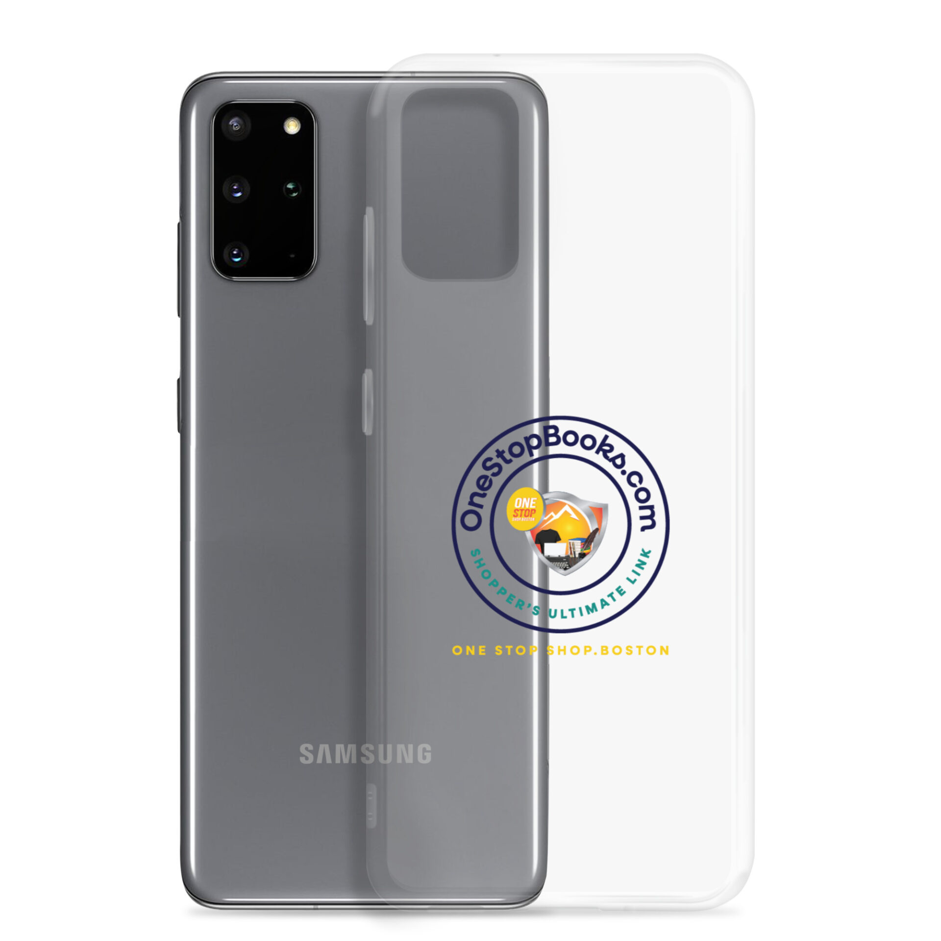 Samsung phone with One Stop Books case.