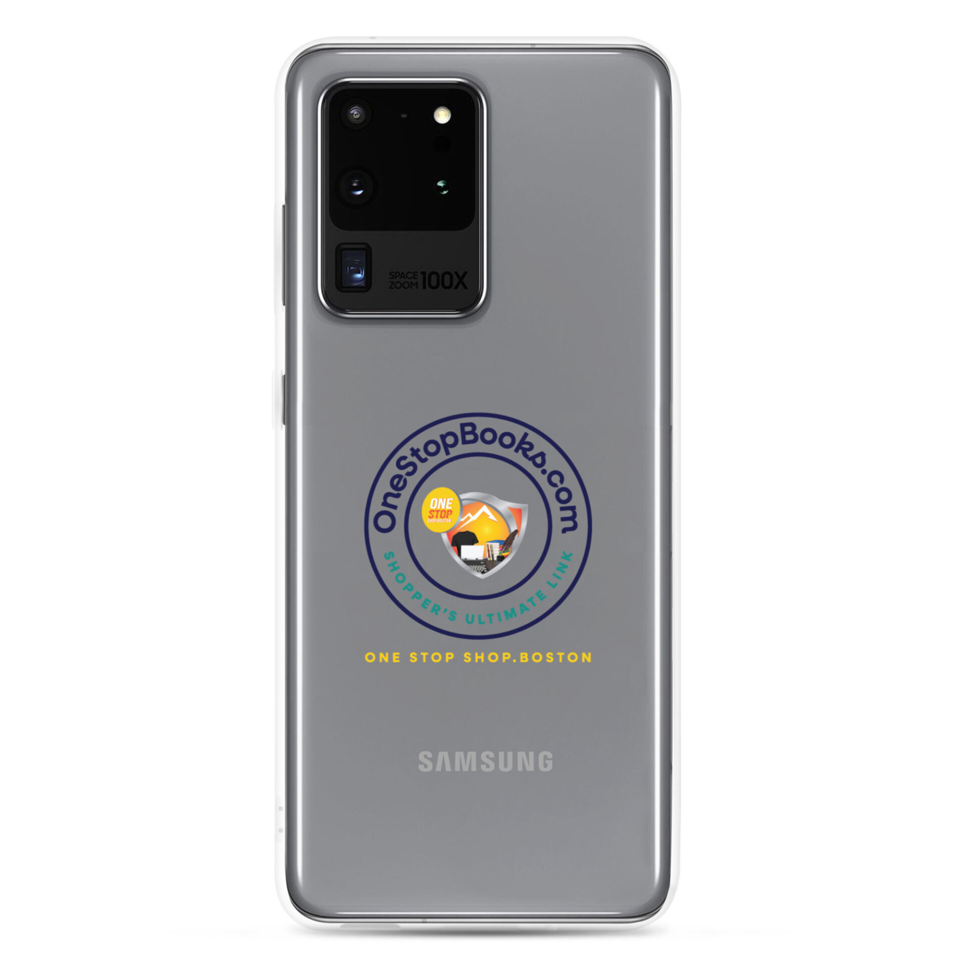 Samsung phone case with OneStopBooks.com logo.