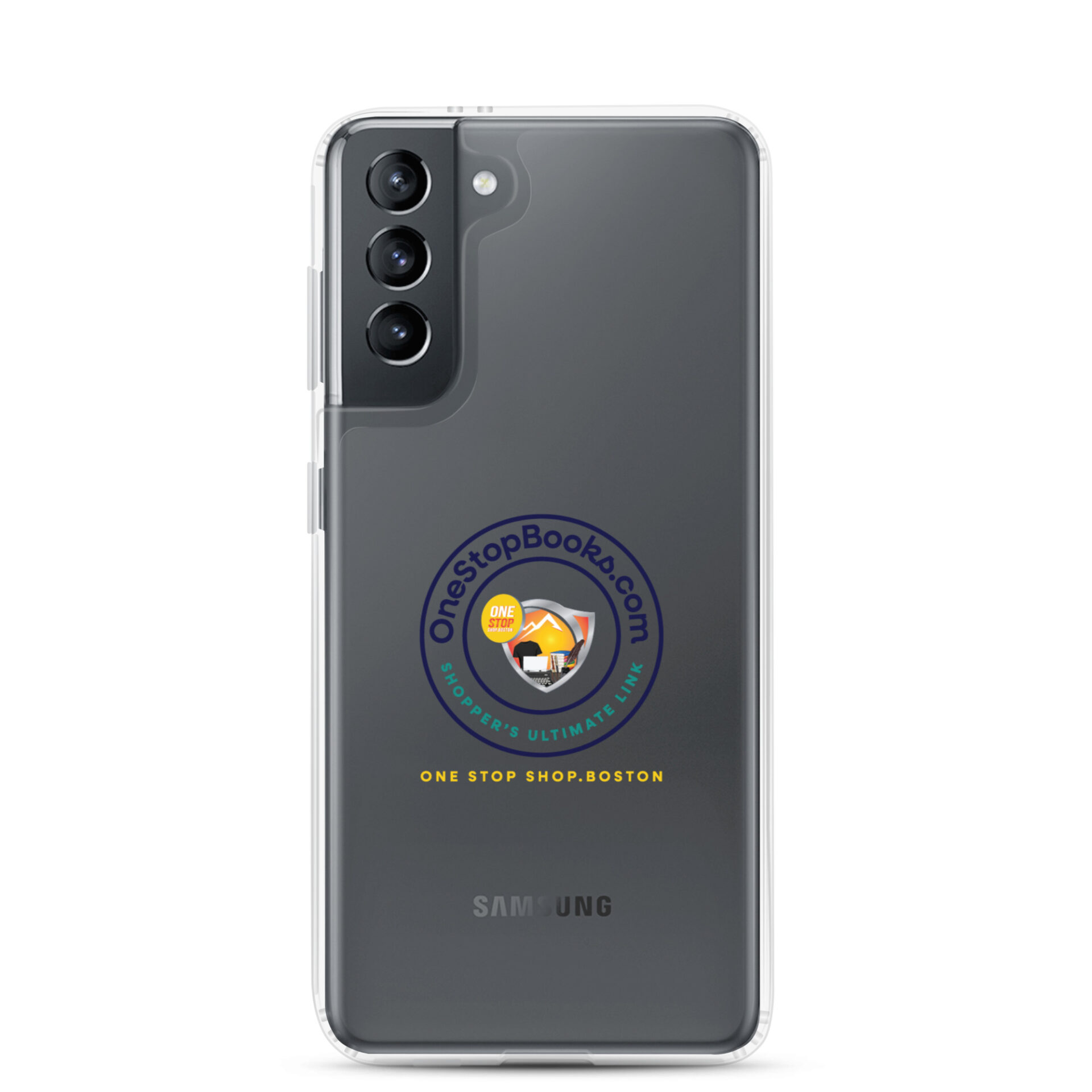 Samsung phone case with OneStopBooks.com logo.