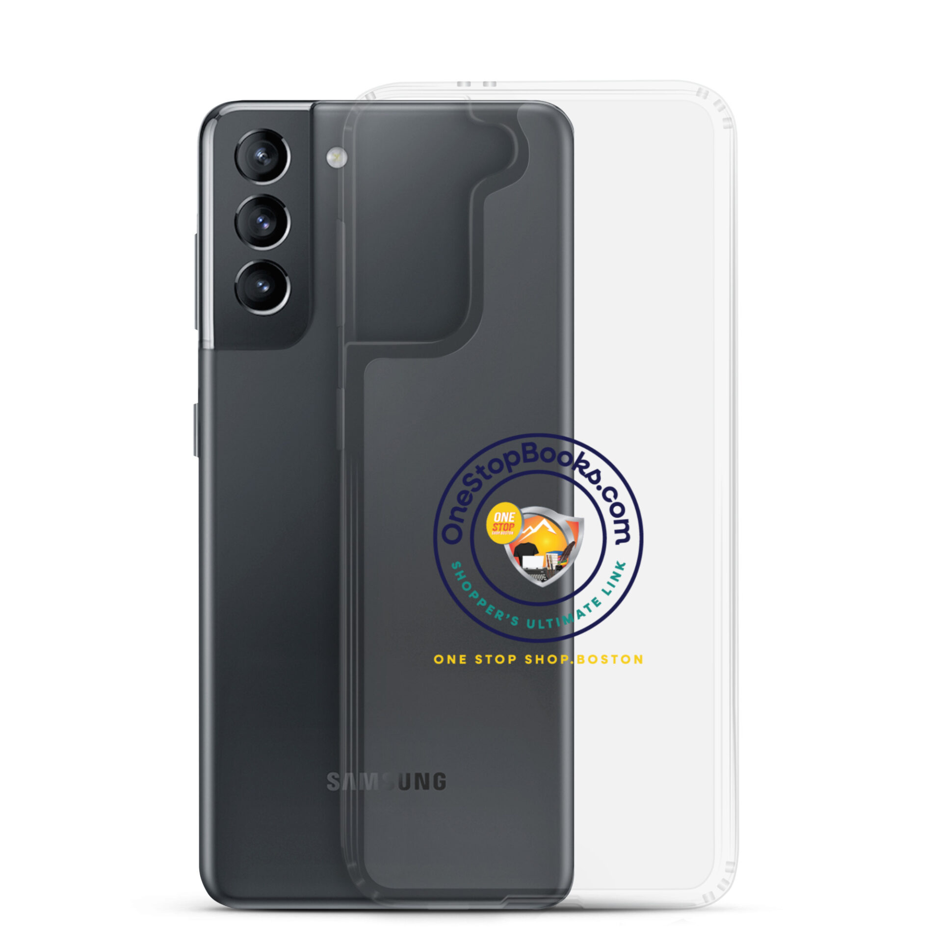 Black Samsung phone with clear case.