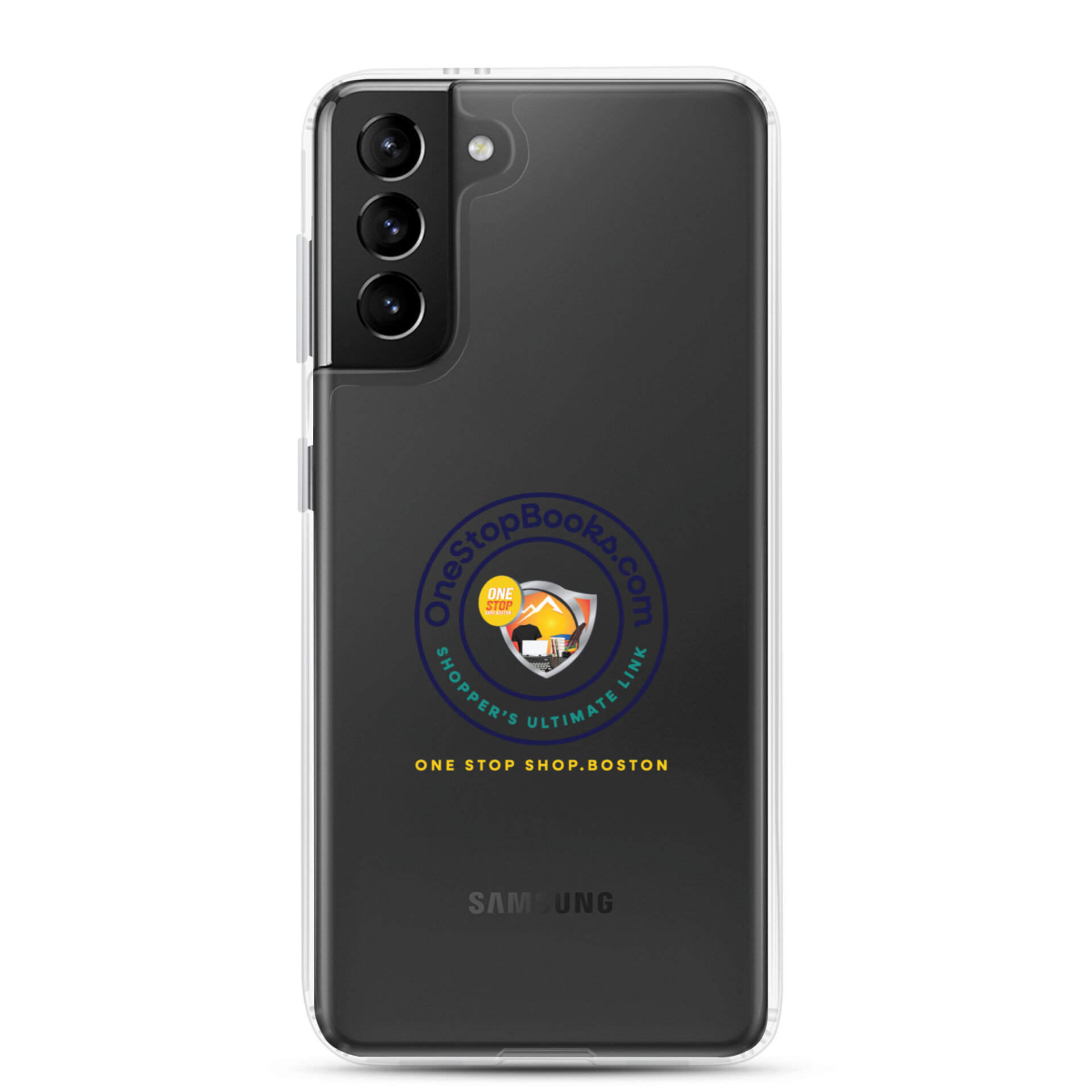 Black Samsung phone with clear case and logo.