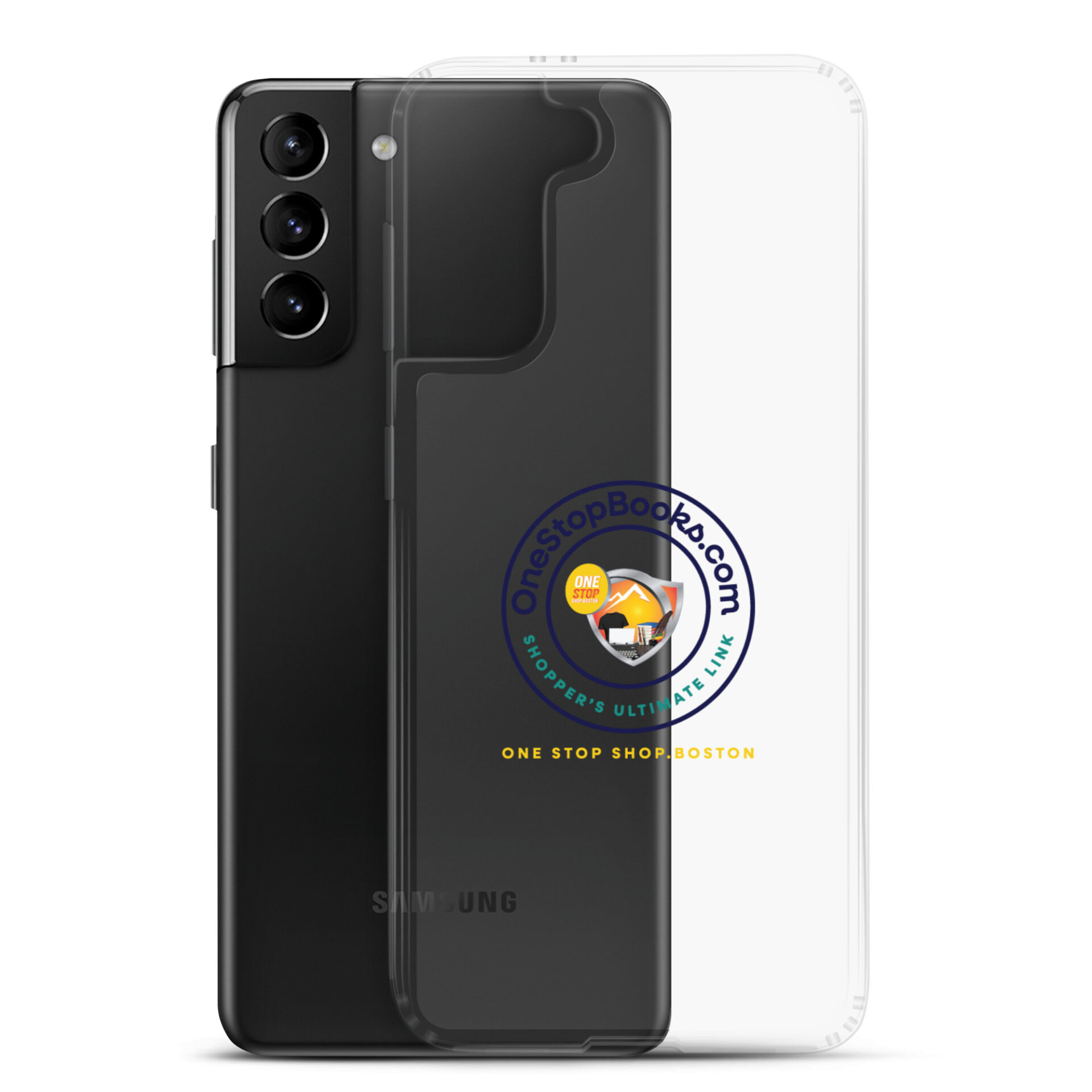 Black Samsung phone with clear case.