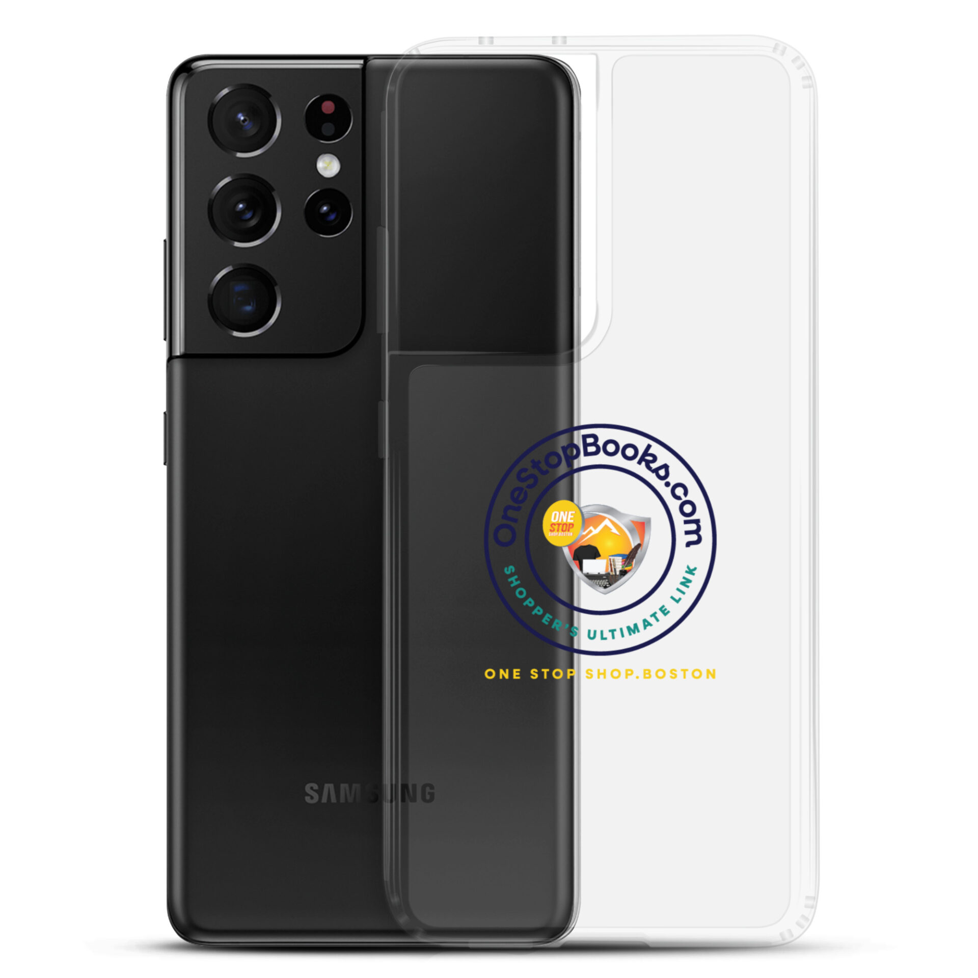 Samsung phone in a clear case.
