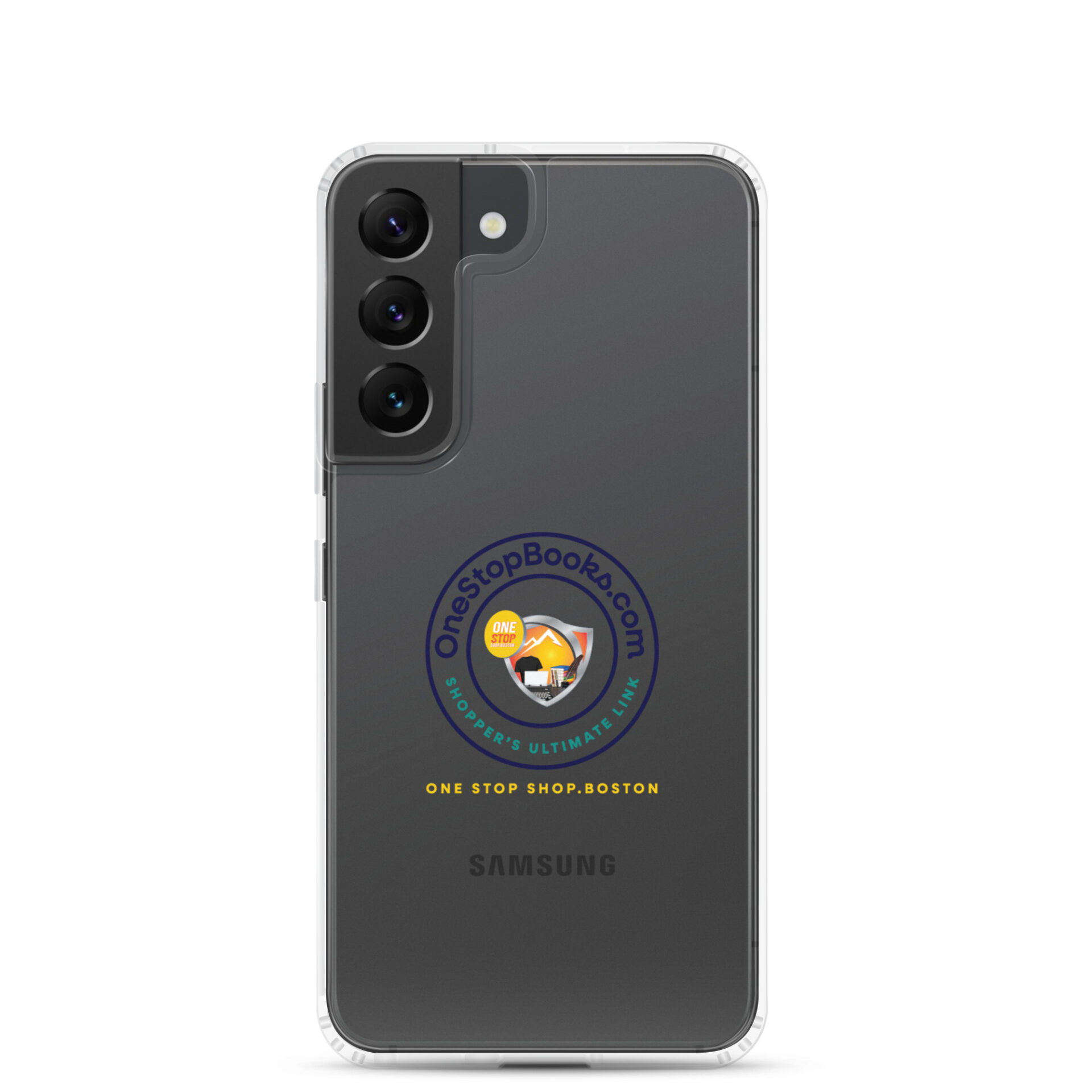 Samsung phone case with One Stop Books logo.