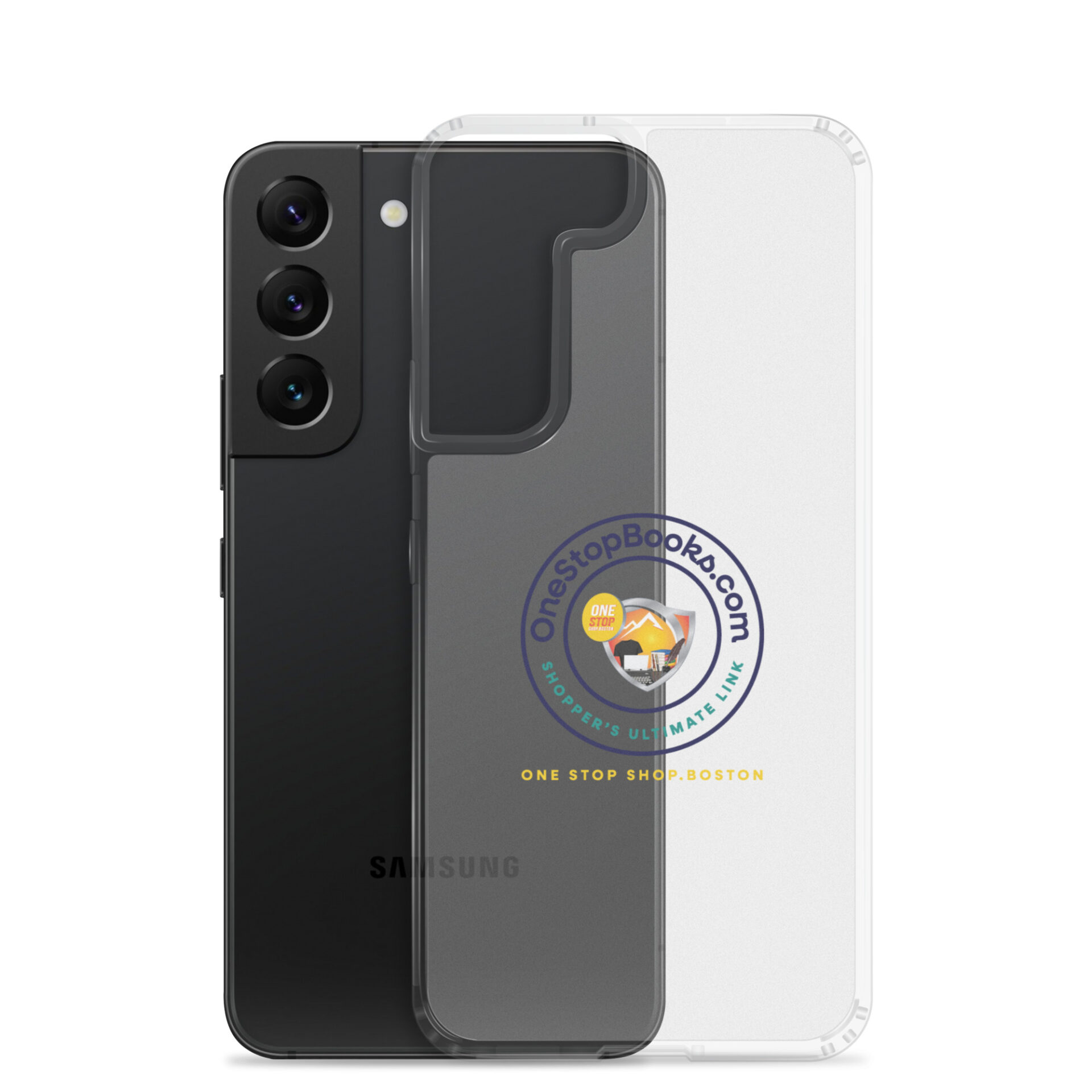 A phone case that is clear and has the logo of the store.