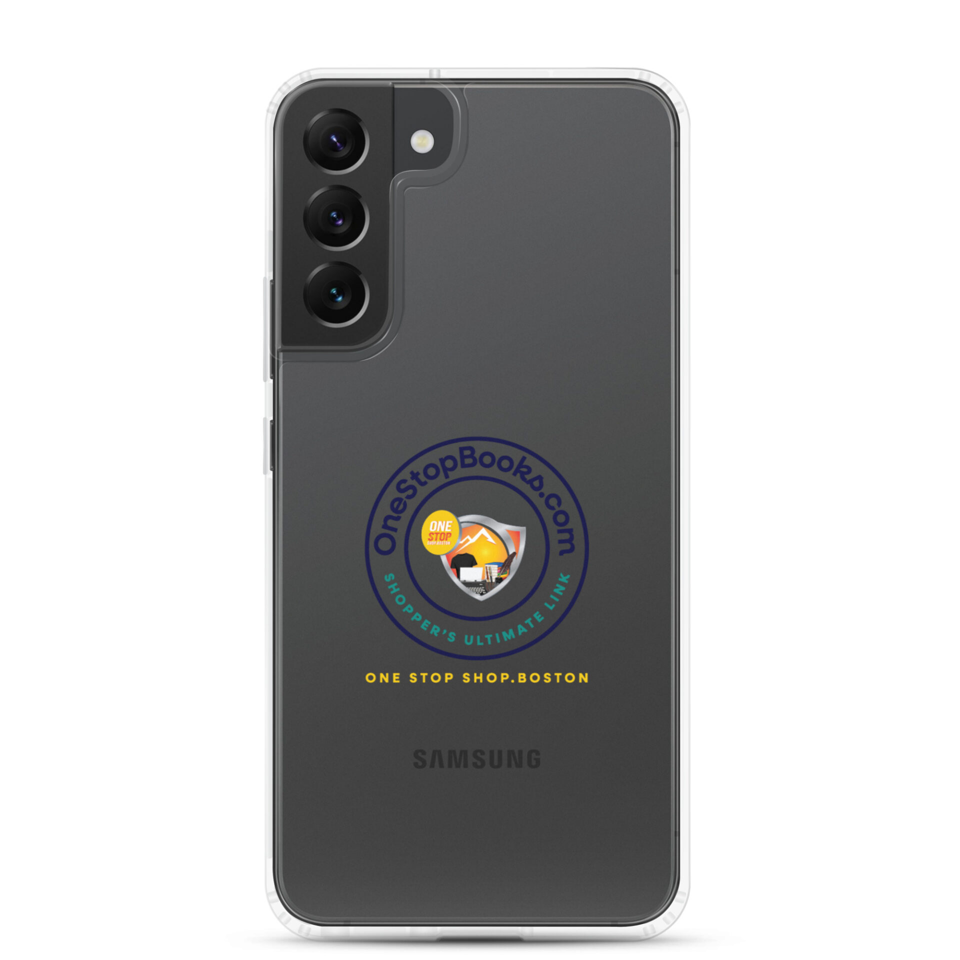 Samsung phone case with OneStopBooks.com logo.