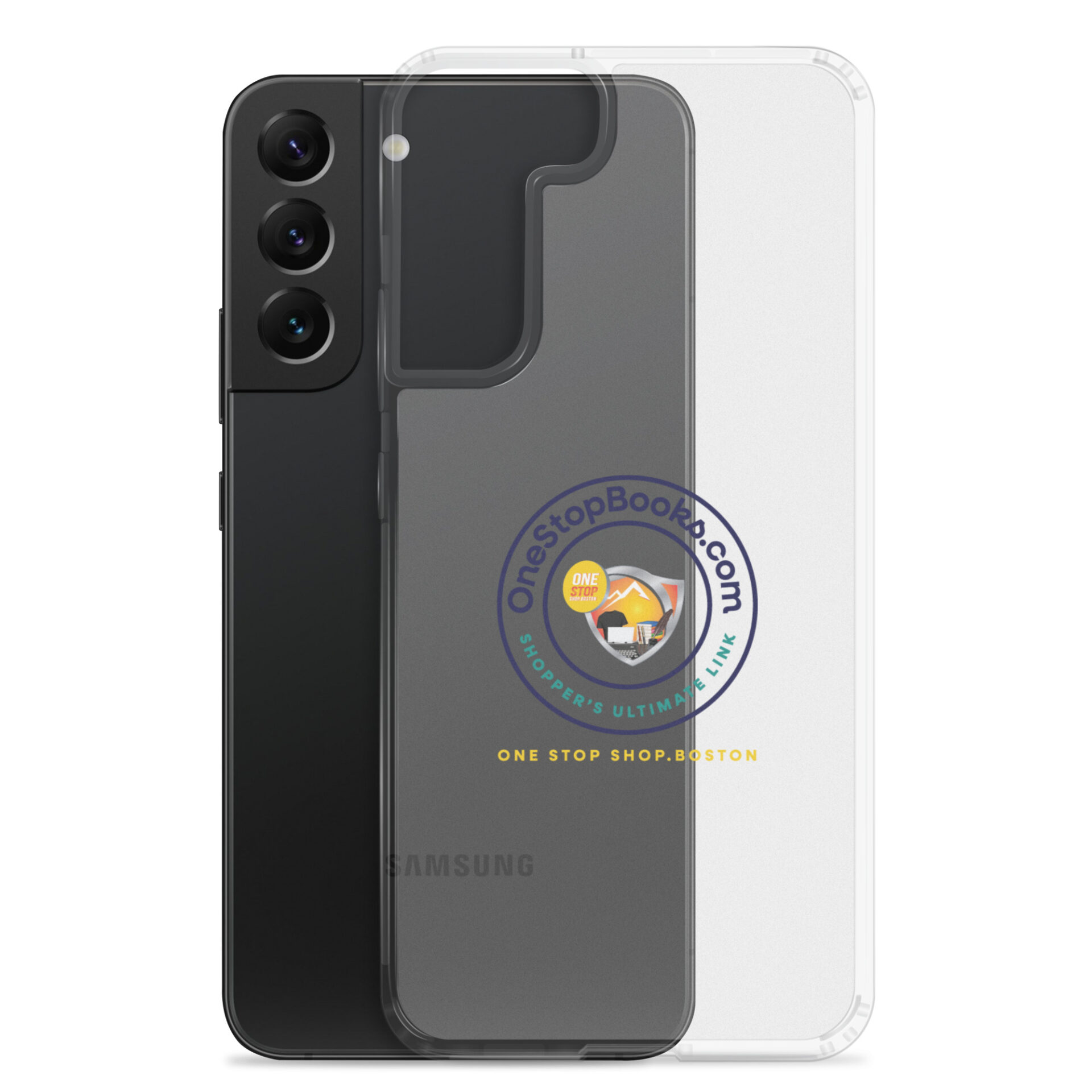 Samsung phone with clear case and logo.