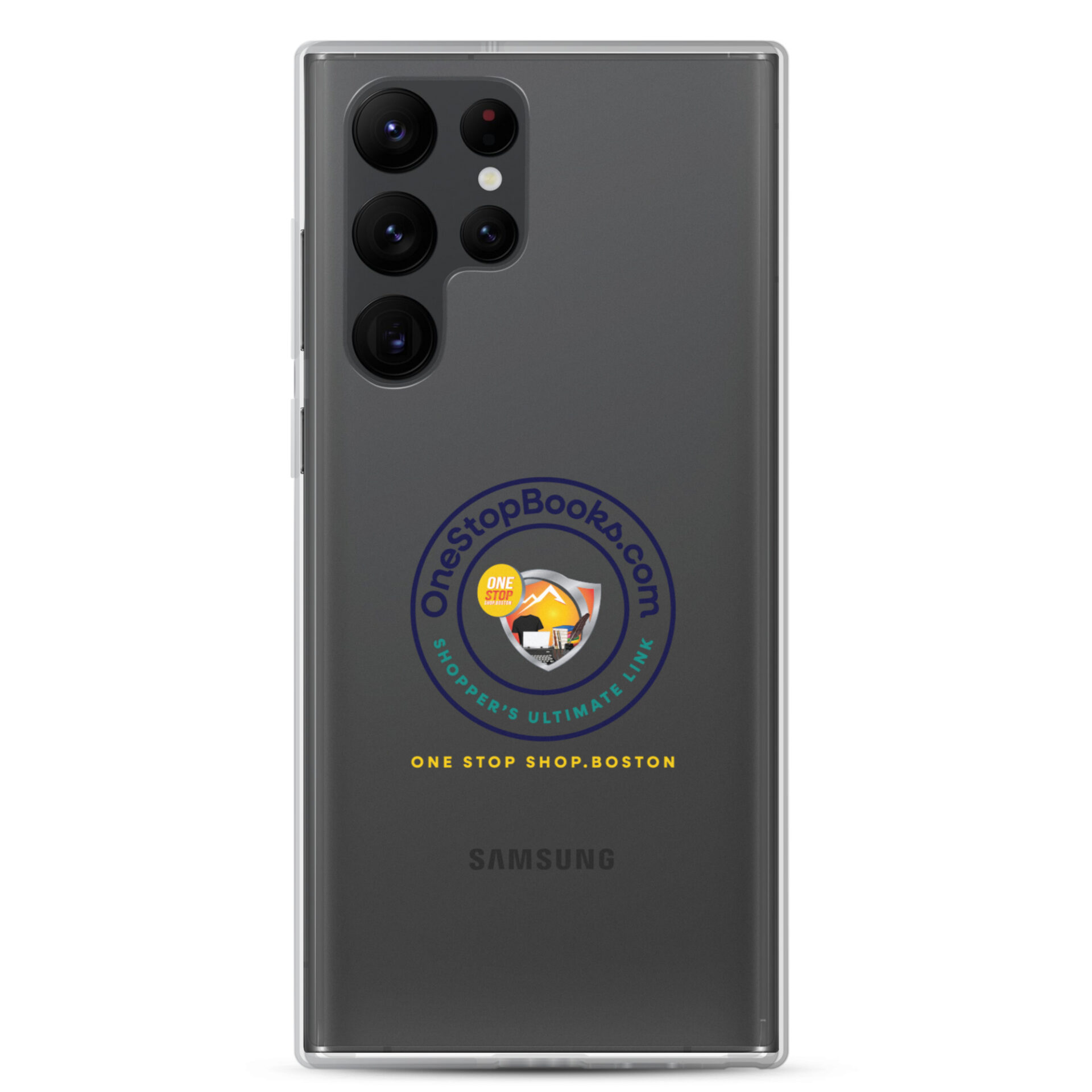 Samsung phone case with OneStopBooks.com logo.