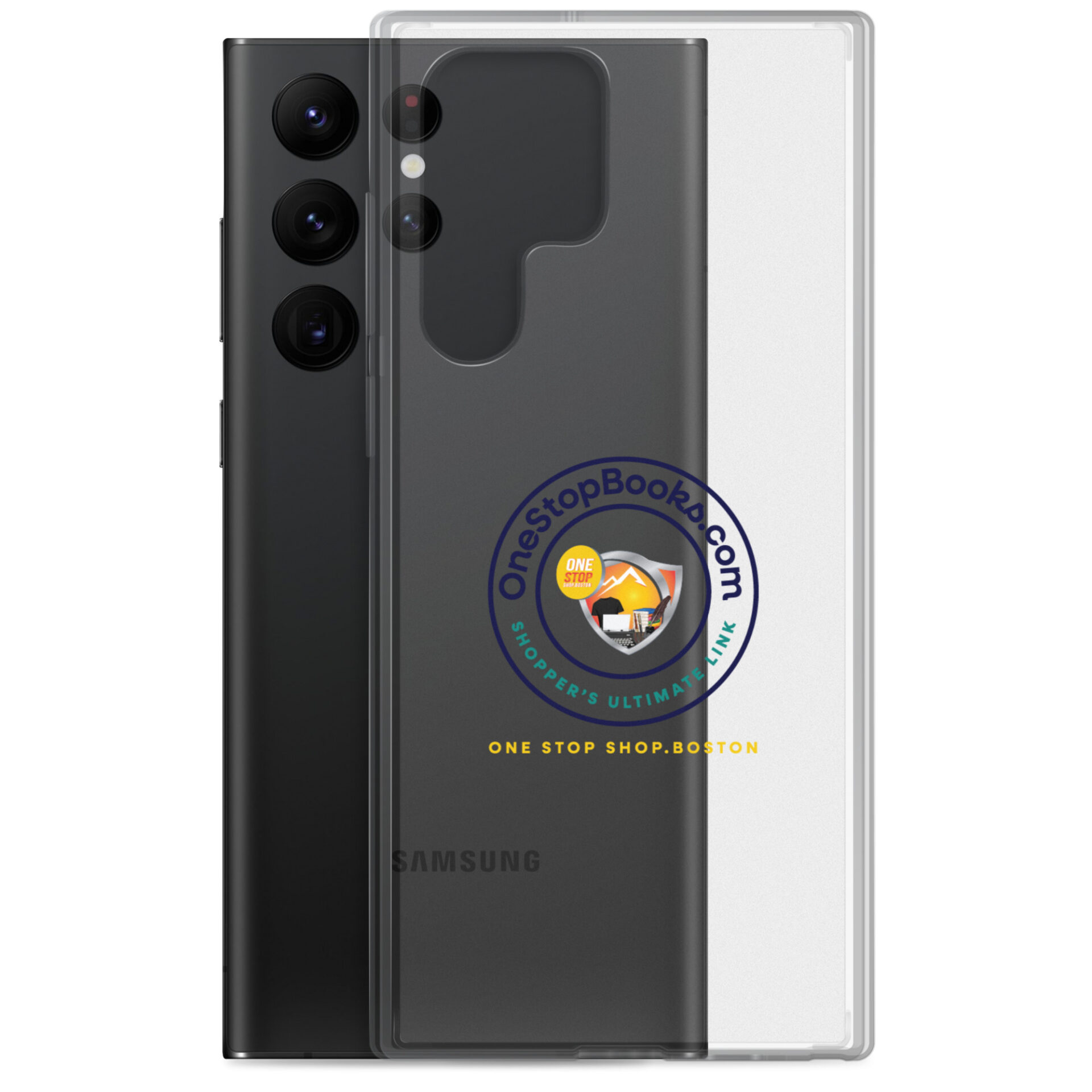 Samsung phone in a clear case.