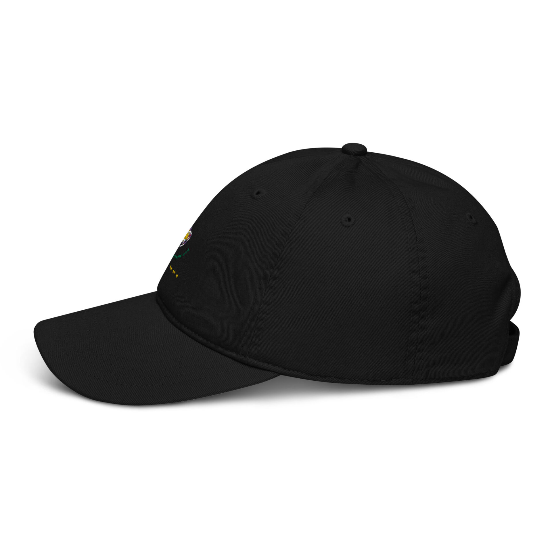 Black baseball cap with an embroidered design.