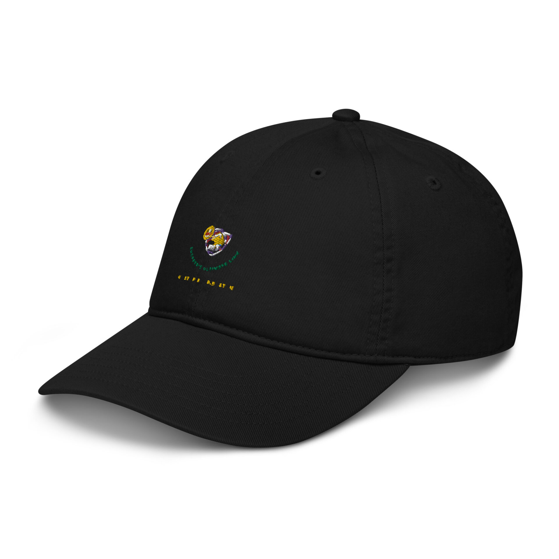 Black baseball cap with embroidered logo.