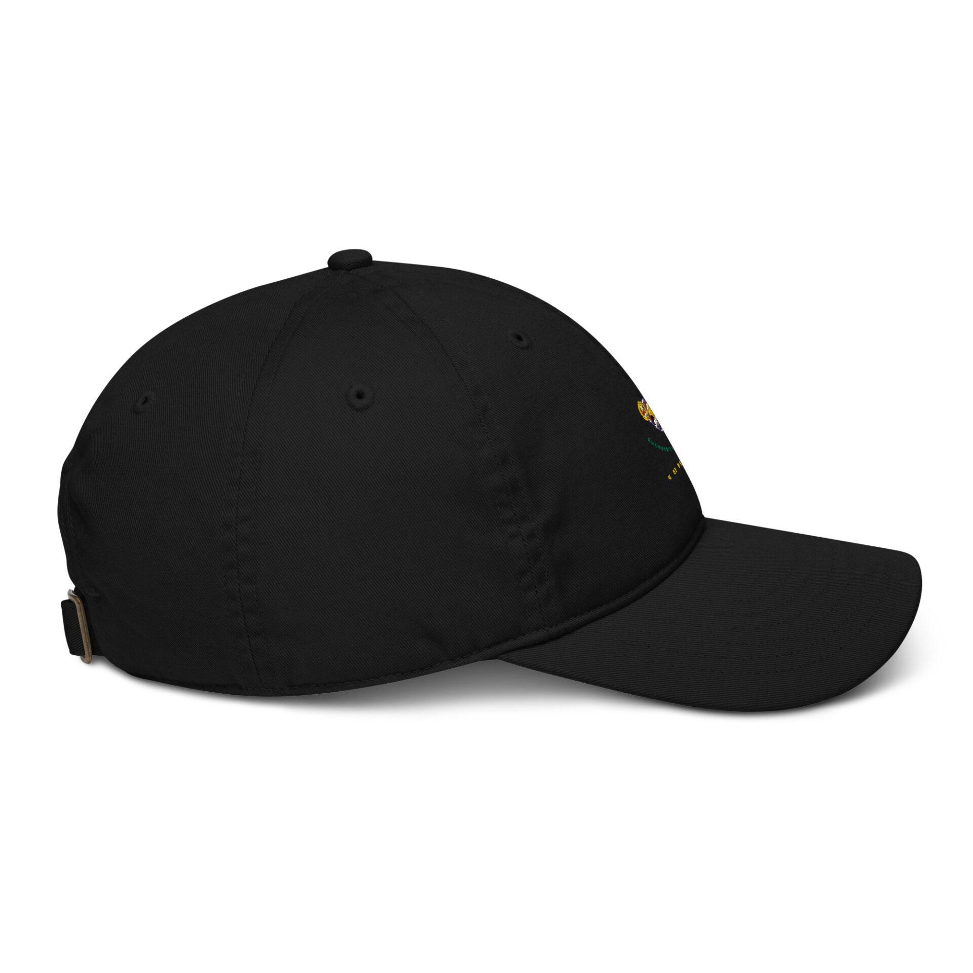 Black embroidered baseball cap with logo.
