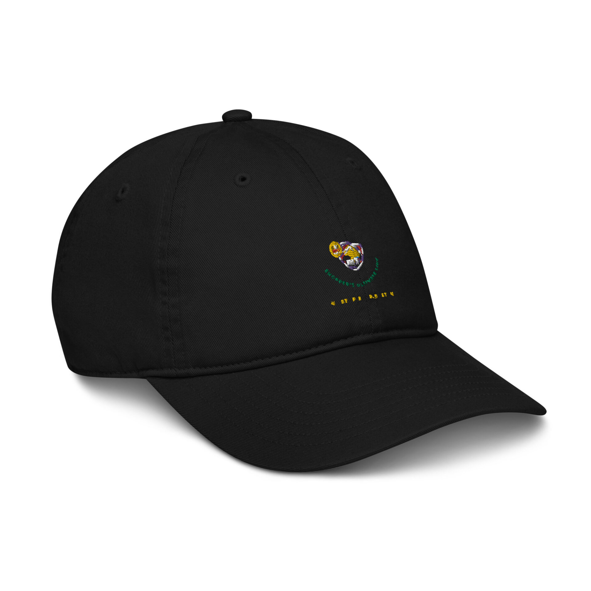 Black baseball cap with embroidered design.